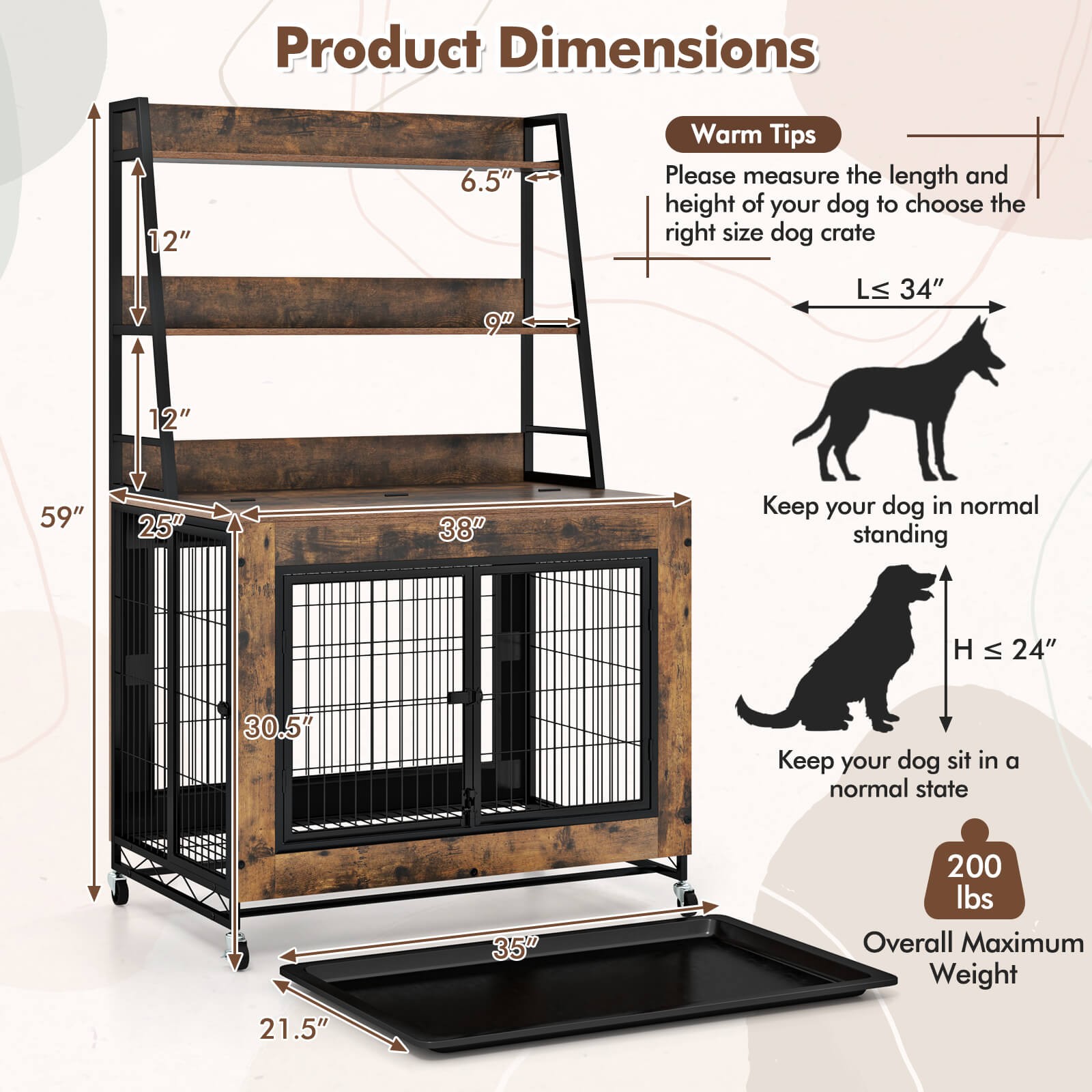 Dog Crate Furniture with Storage Shelves Industrial Dog Kennel w/ Flip-up Top