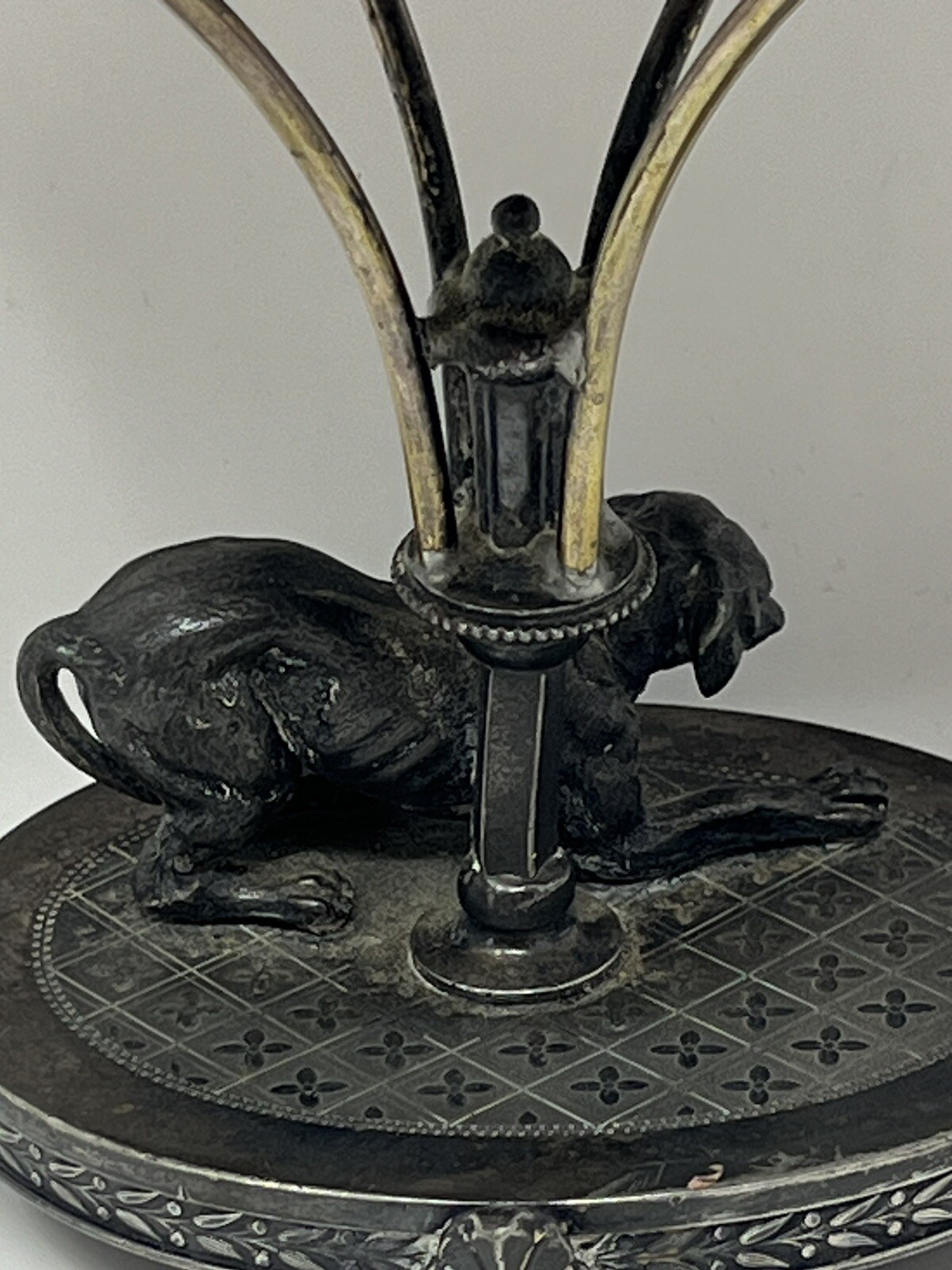 Antique Dog Figural Calling Card ? Silver Plate Tray Stand Simpson Hall Miller