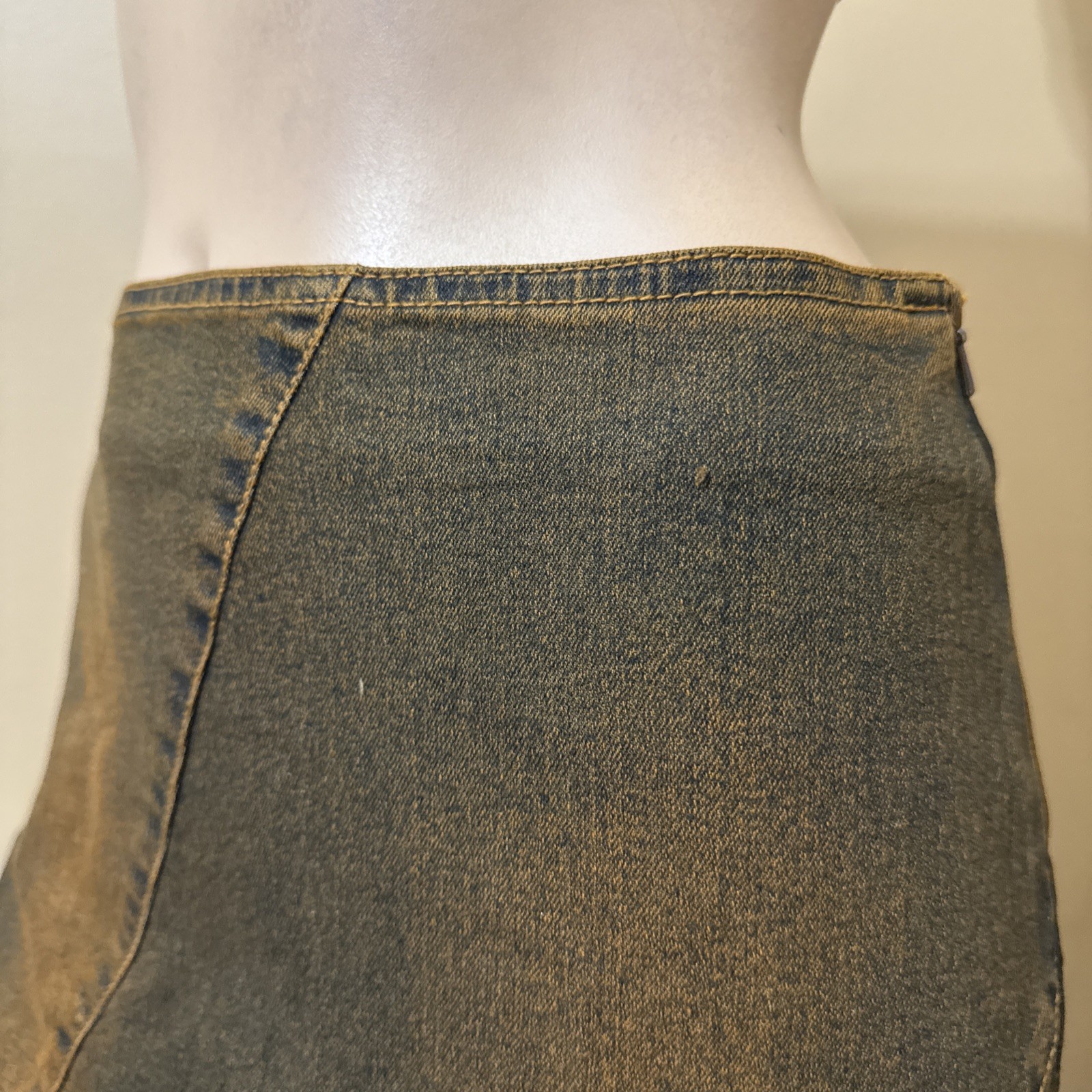 Women’s Brown Denim Cotton Stretch Boho Beaded Lace Zip Size M(6-8) Skirt 3716