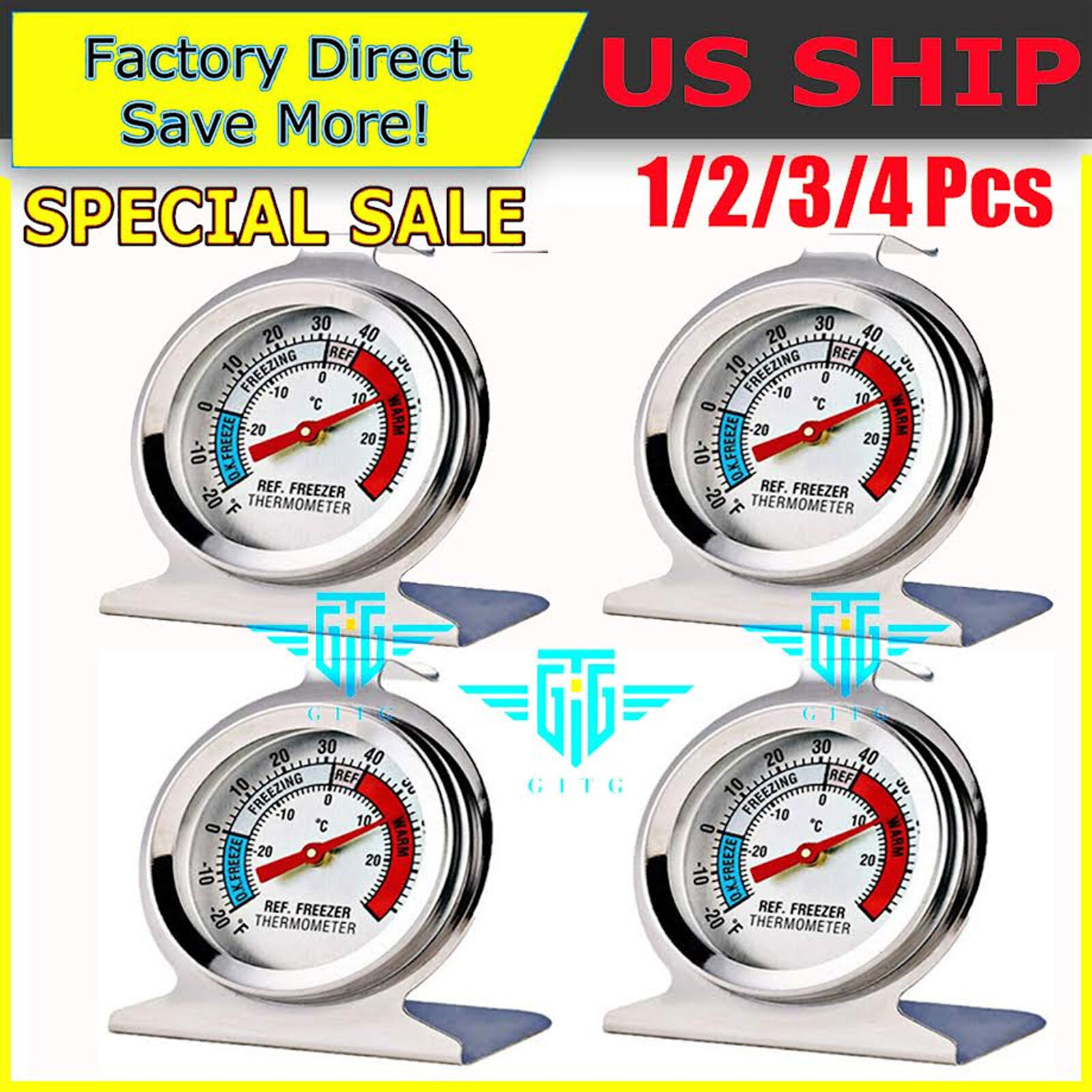 Refrigerator Freezer Thermometer Fridge DIAL Type Stainless Steel Hang Stand 1-4