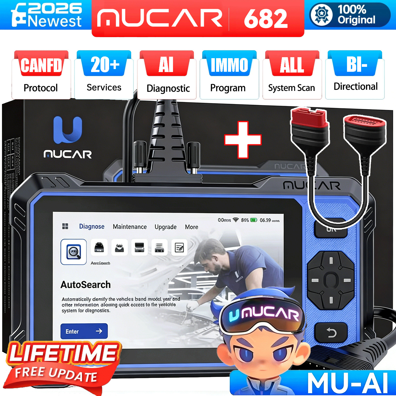 MUCAR 682 OBD2 Scanner Automotive AI Diagnostic Tool Active Test 20+Resets FREE