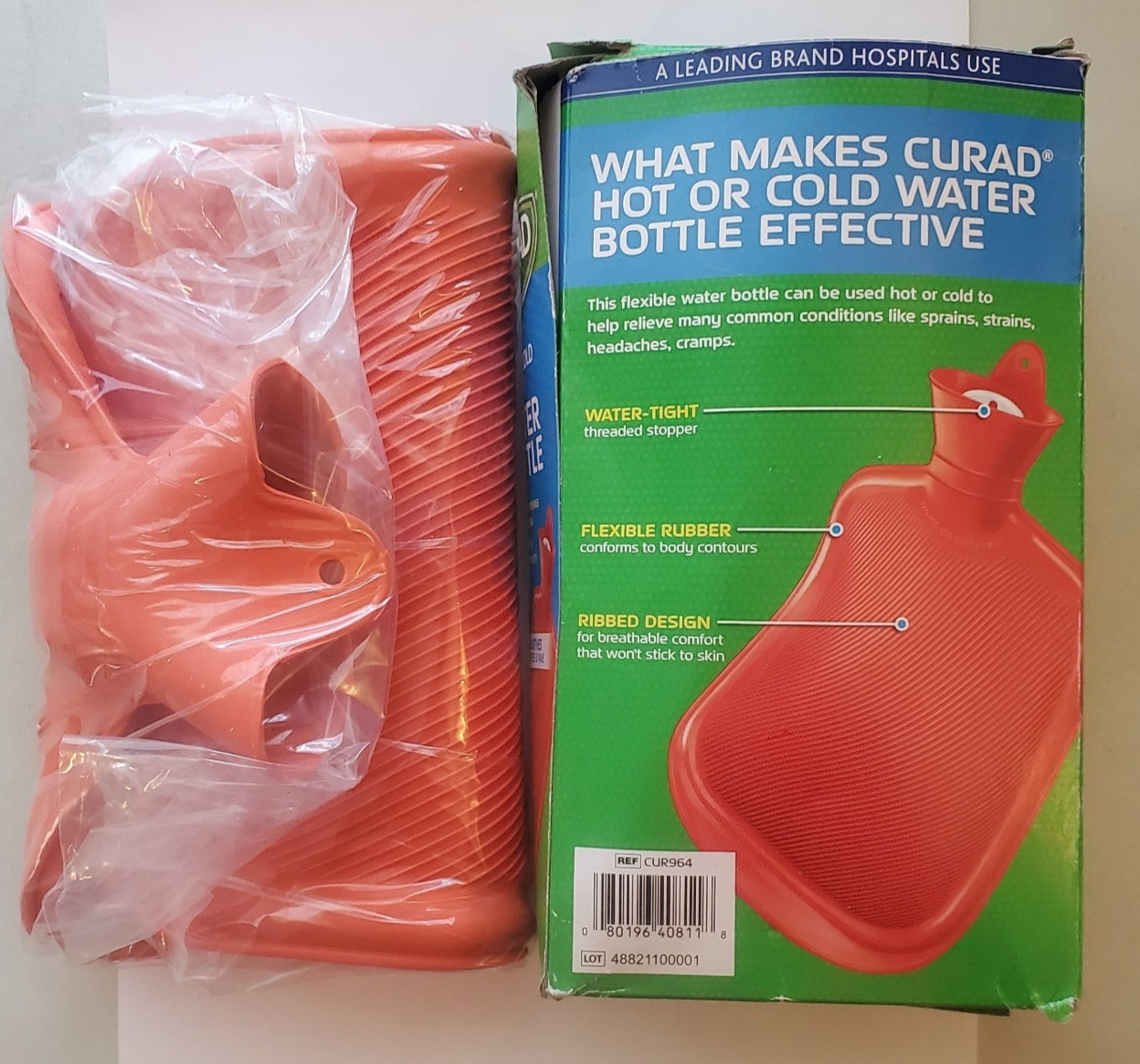 CURAD, Hot or Cold Therapy Water Bottle, Wide Mouth Ribbed Texture, New in Box