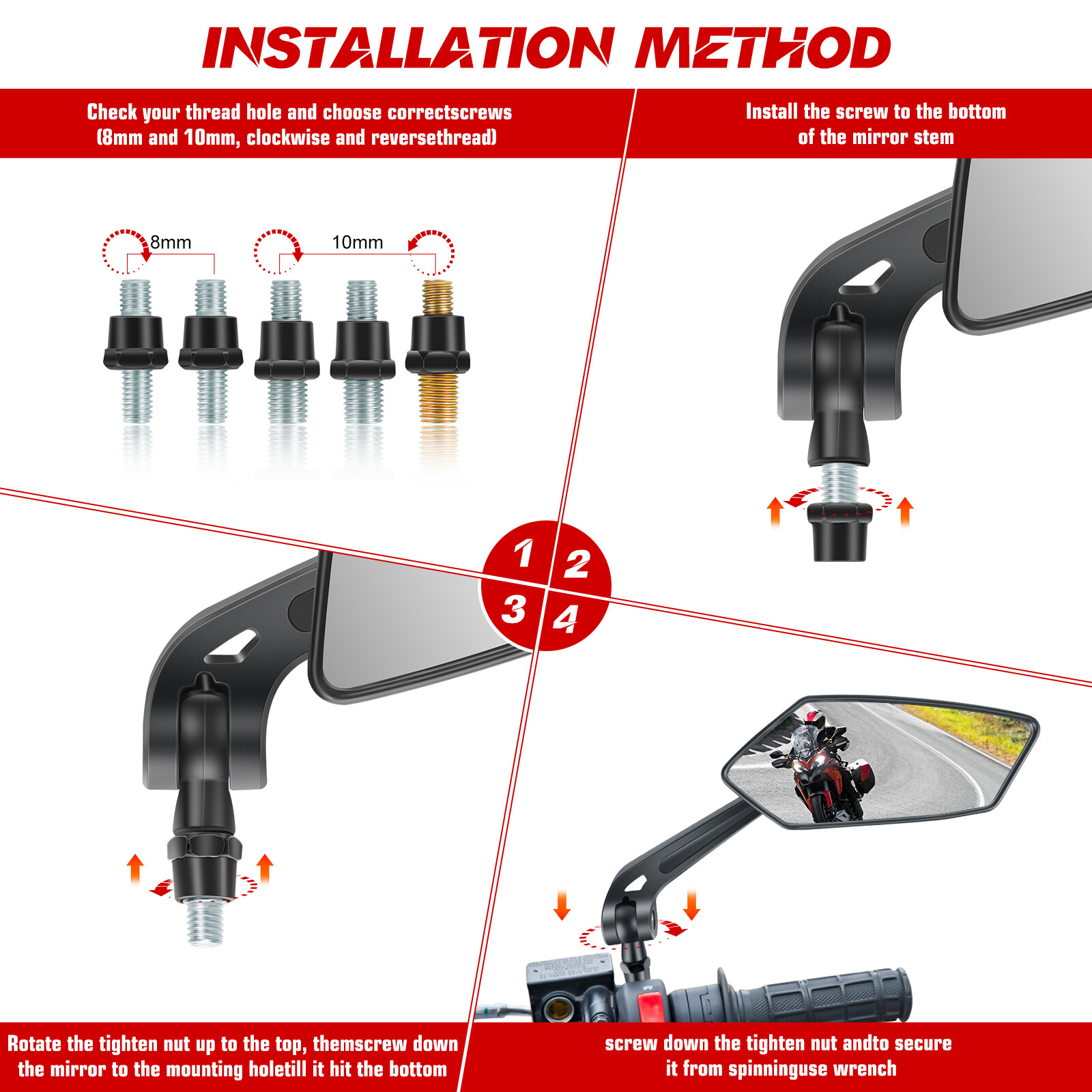 Universal Motorcycle Rearview Wing Mirrors 8mm/10mm For Honda Yamaha Suzuki ATV