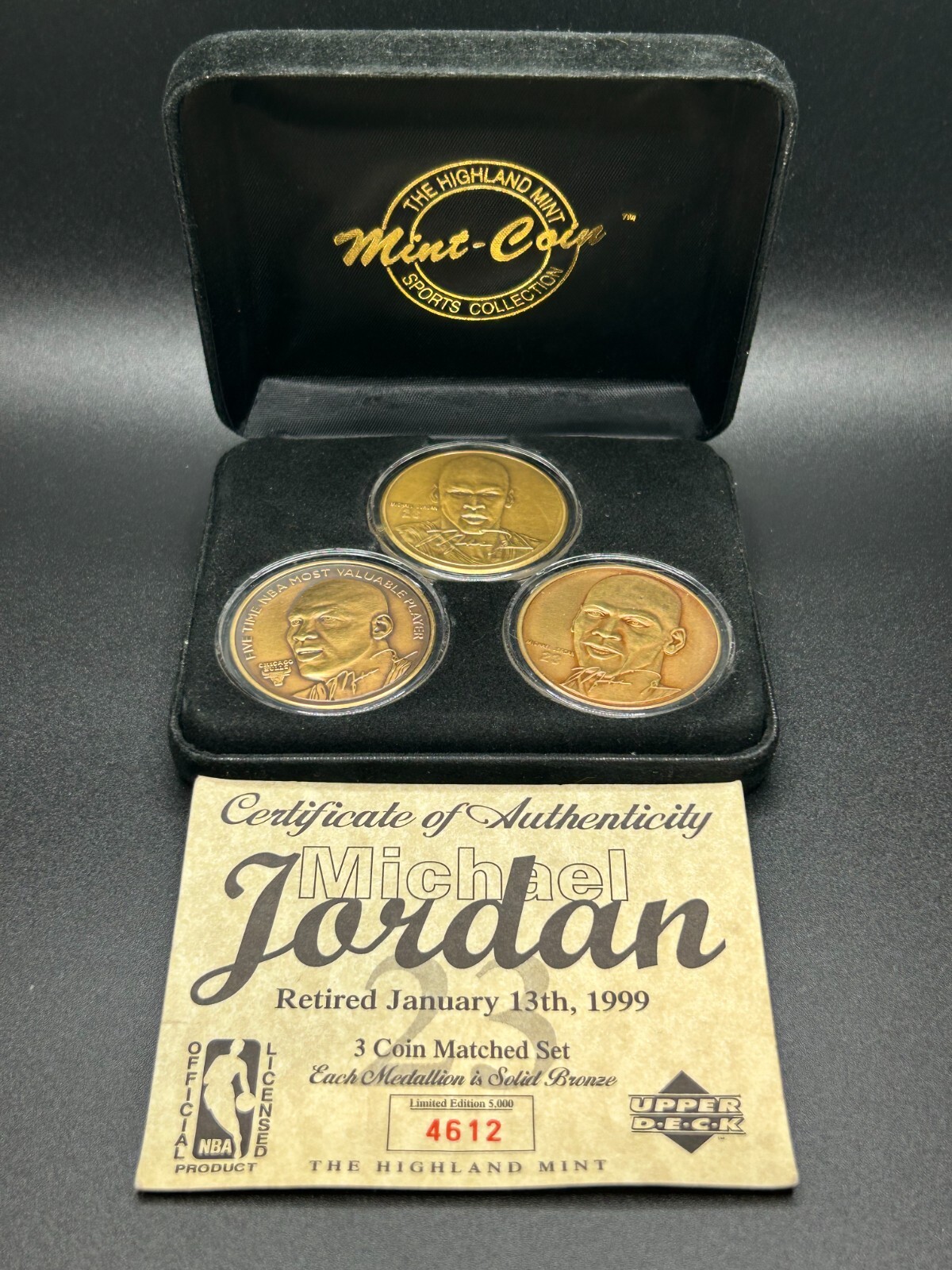 Michael Jordan 1999 Highland Mint Retired 3 Bronze Coin Set #d 4612/5000 w Bonus