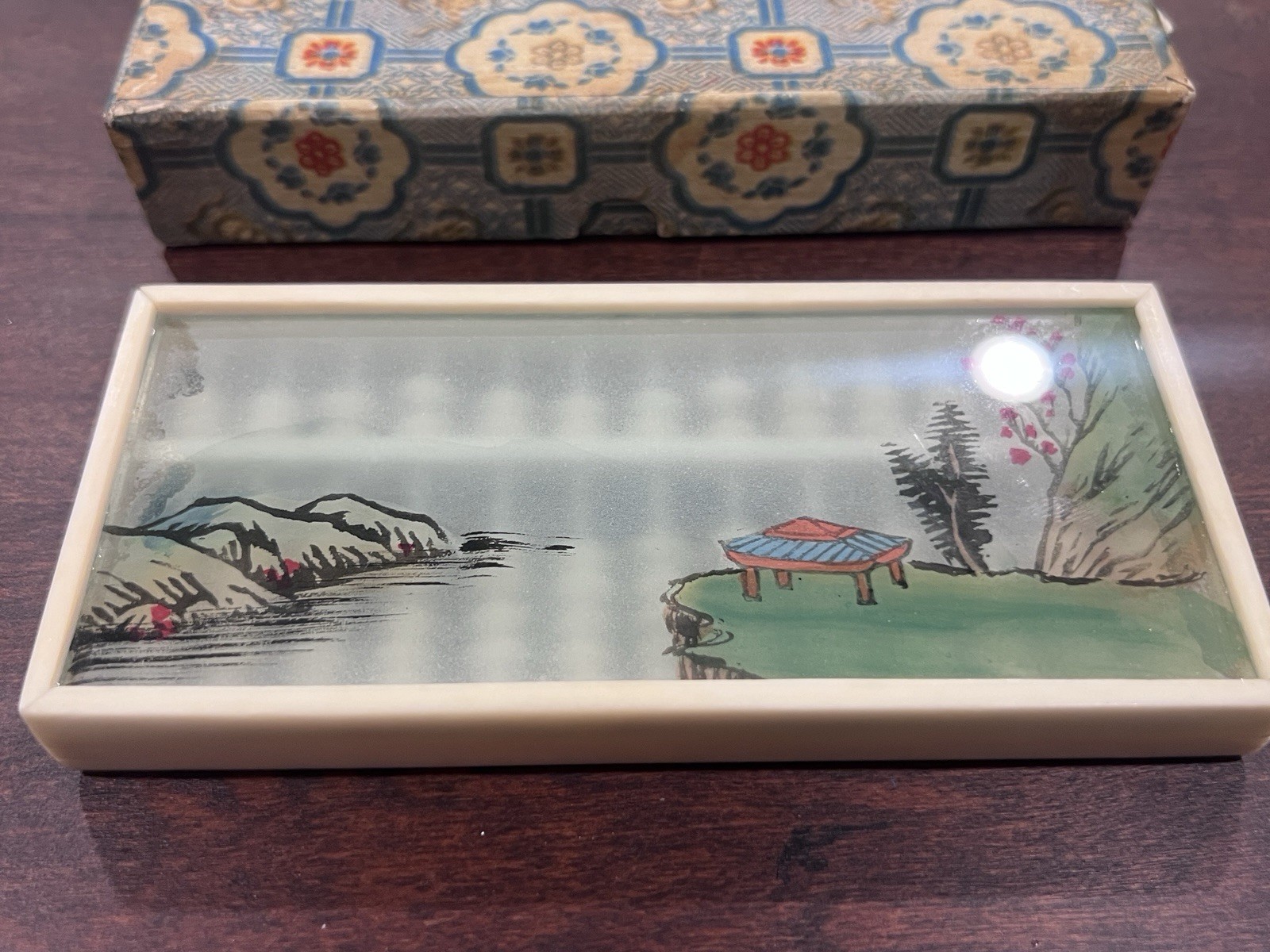 Small Vintage Chinese Abacus Suanpan Painted Glass Fabric Box VGC