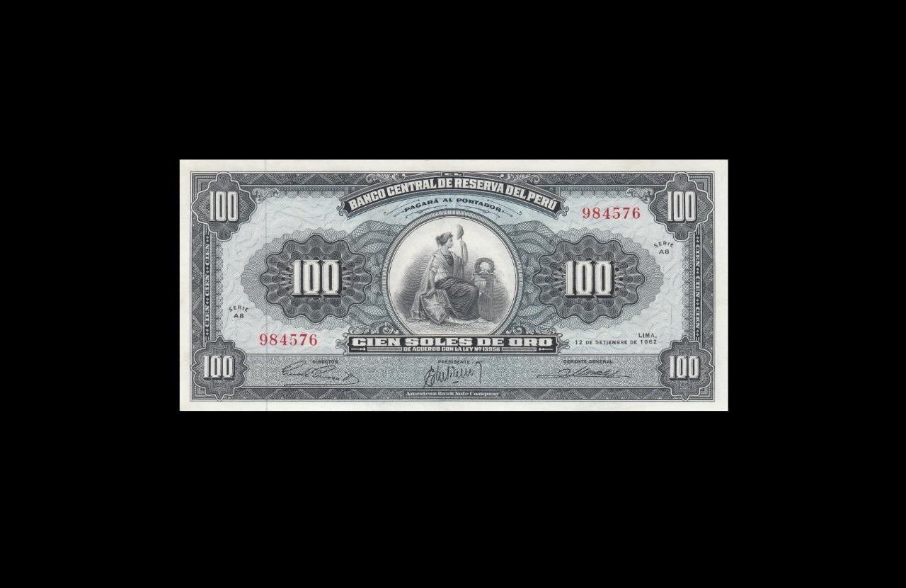 1962 PERU 100 SOLES ~Ladder S/No. **984576**~ "AB" ^RARE^ (( GEM UNC ))