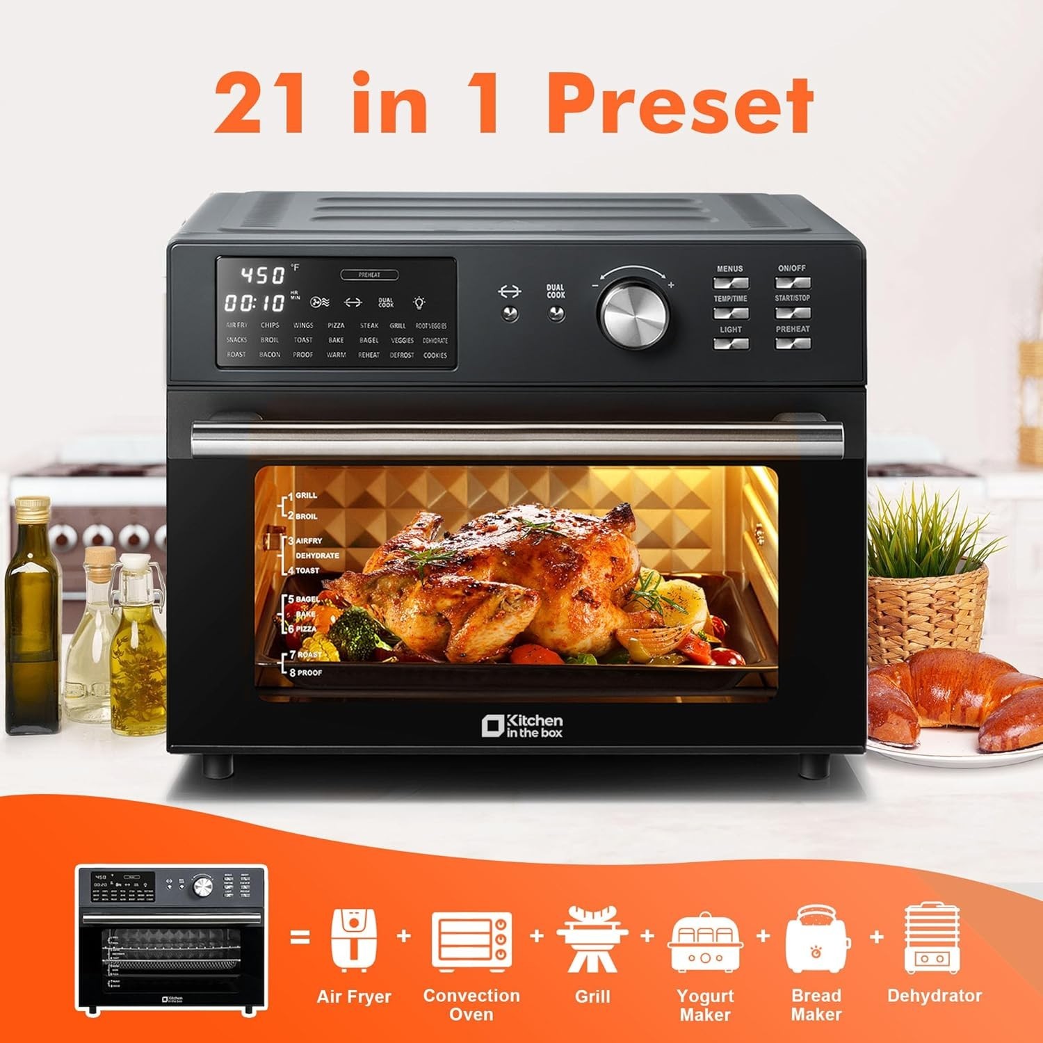 Kitchen in the box 32QT Extra Large Air Fryer Toaster Oven Combo 1800W 21-in-1