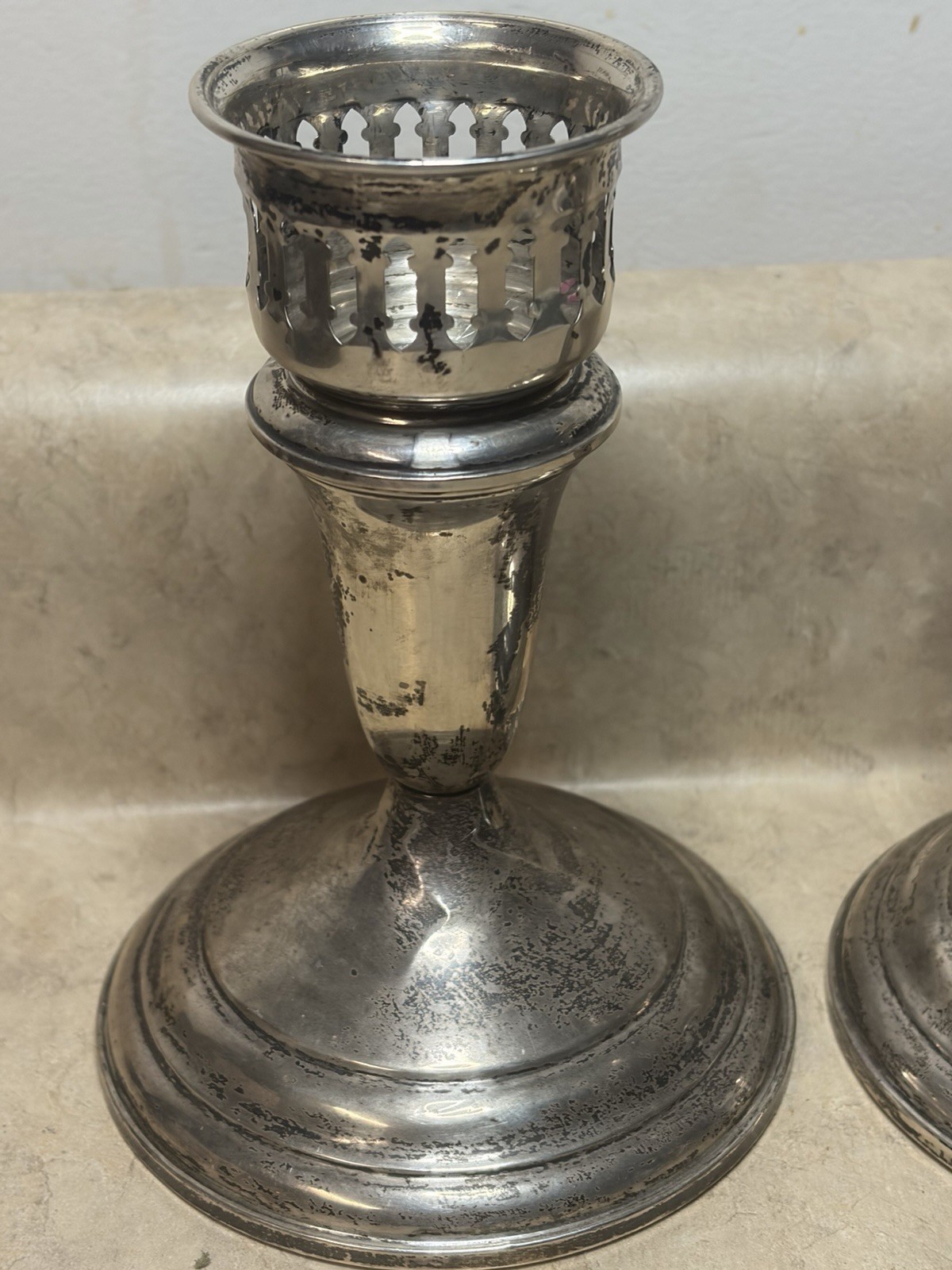 2 Towel Sterling Silver 49 Candle Holder Candlestick Filagree Inserts Weighted