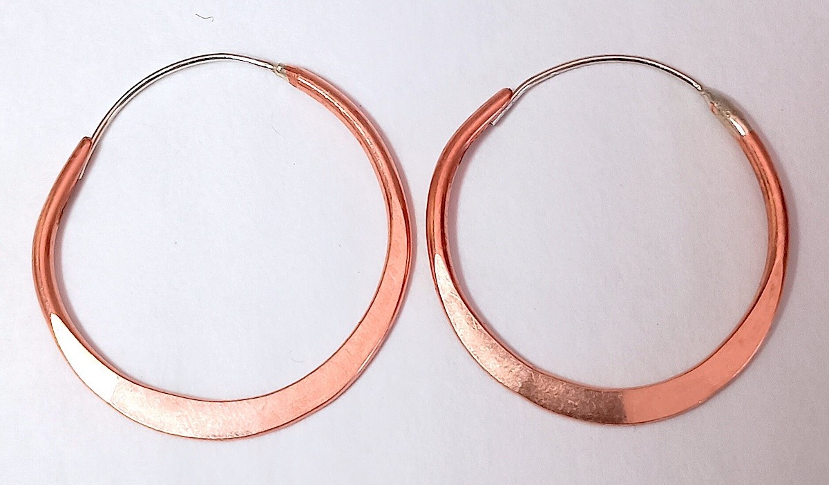 Copper Hoops, 1.25”, Hand Hammered, Sterling Wires, Slot Closure, Reduced