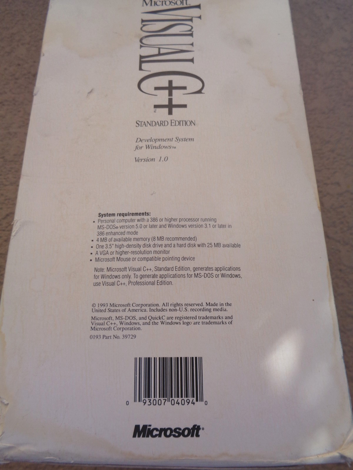 MICROSOFT VISUAL C++ DEVELOPMENT SYSTEM FOR WINDOWS FLOPPY W/BOOKS 1993