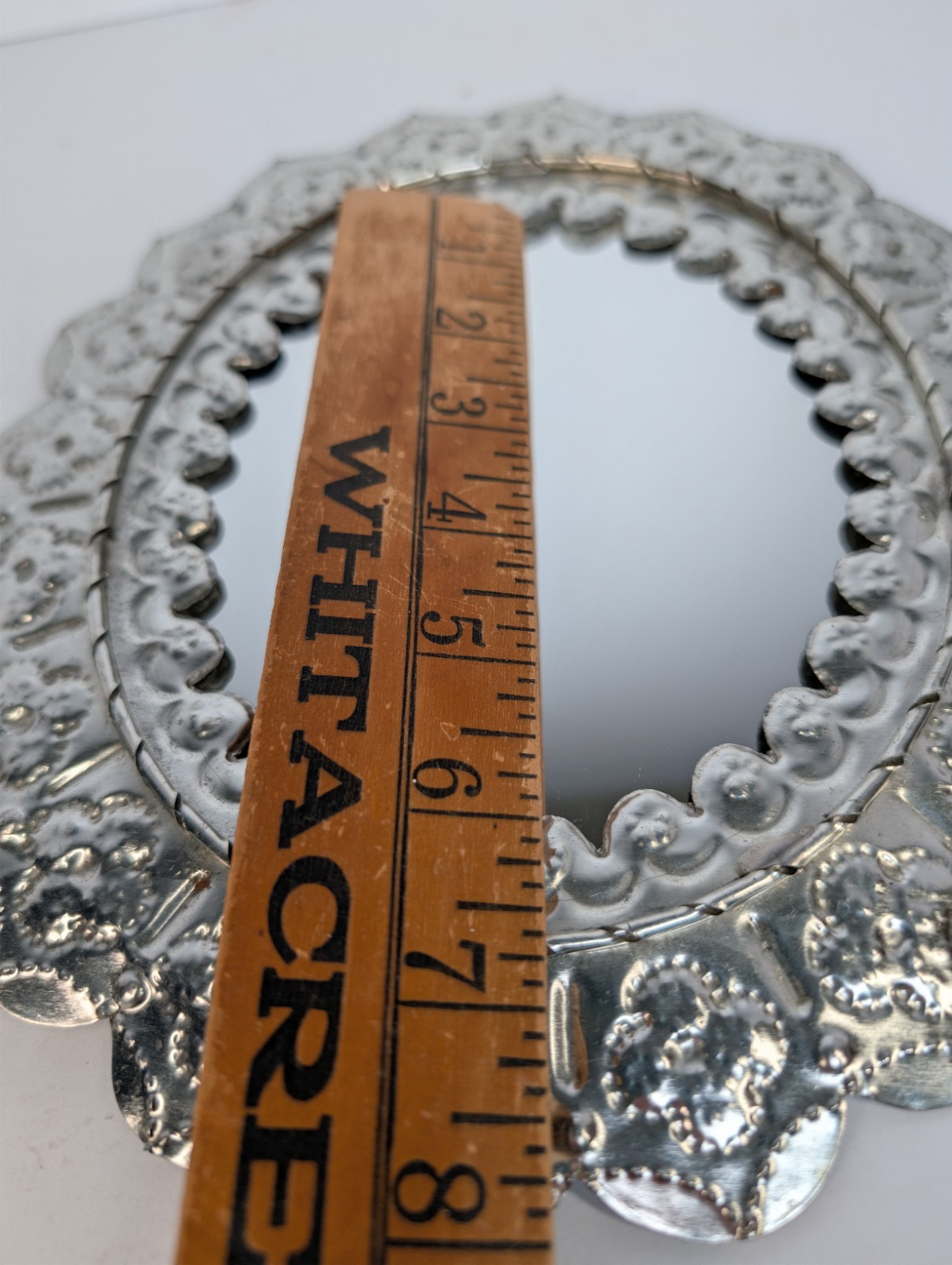 Ornate Vintage Mexican Folk Art Punched Tin Oval Mirror Wall Hanging