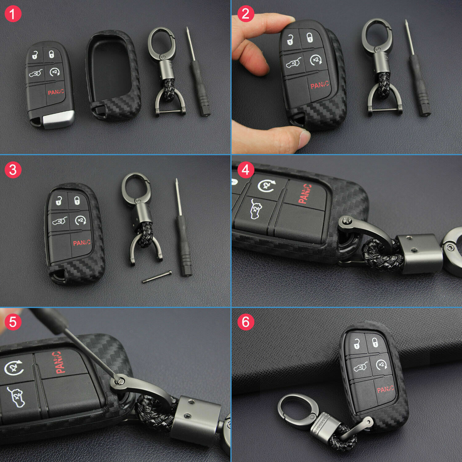 Carbon Fiber Key Fob Chain For Jeep Dodge Chrysler Accessories Cover Case Ring
