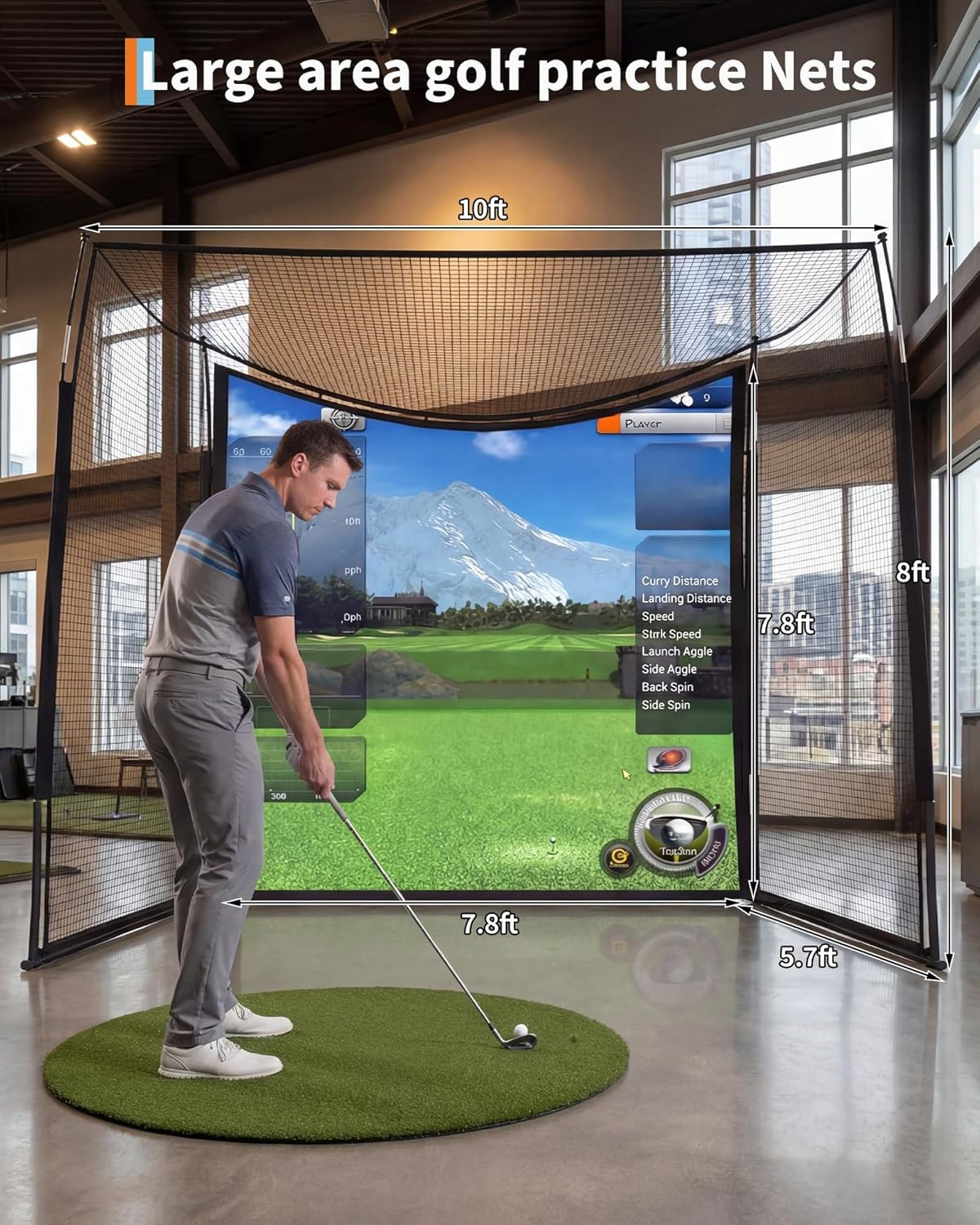 Enclosed Golf Cage Net 10x8x5.7ft with Blank Impact Screen, Indoor Simulator Set