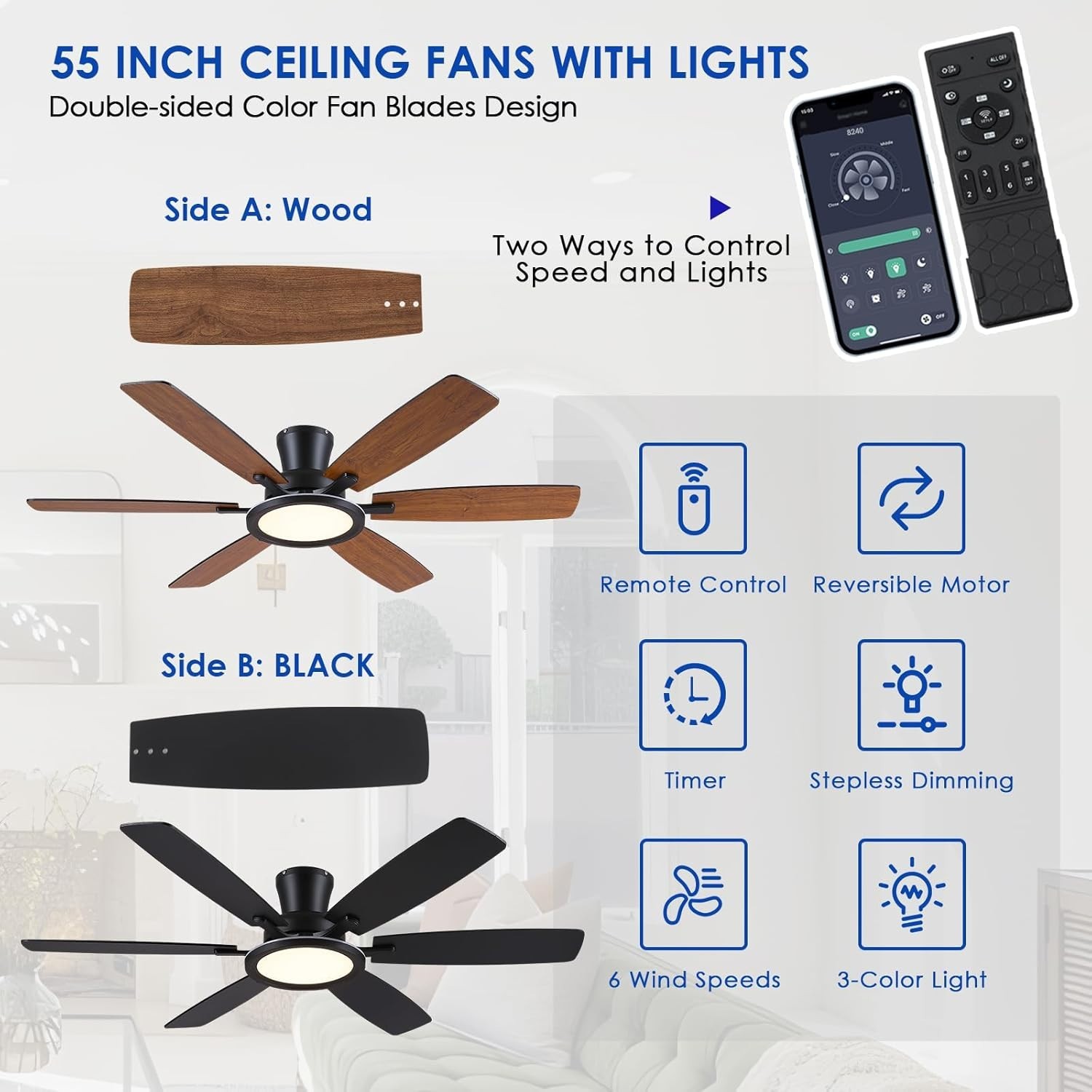 Kviflon 55in Flush Mount Ceiling Fan with RGB Light Low Profile Remote APP