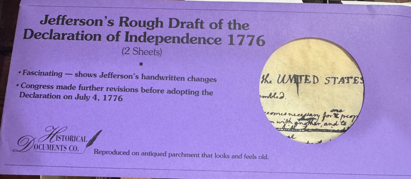 Thomas Jefferson's Rough Draft of the Declaration of Independence - replica