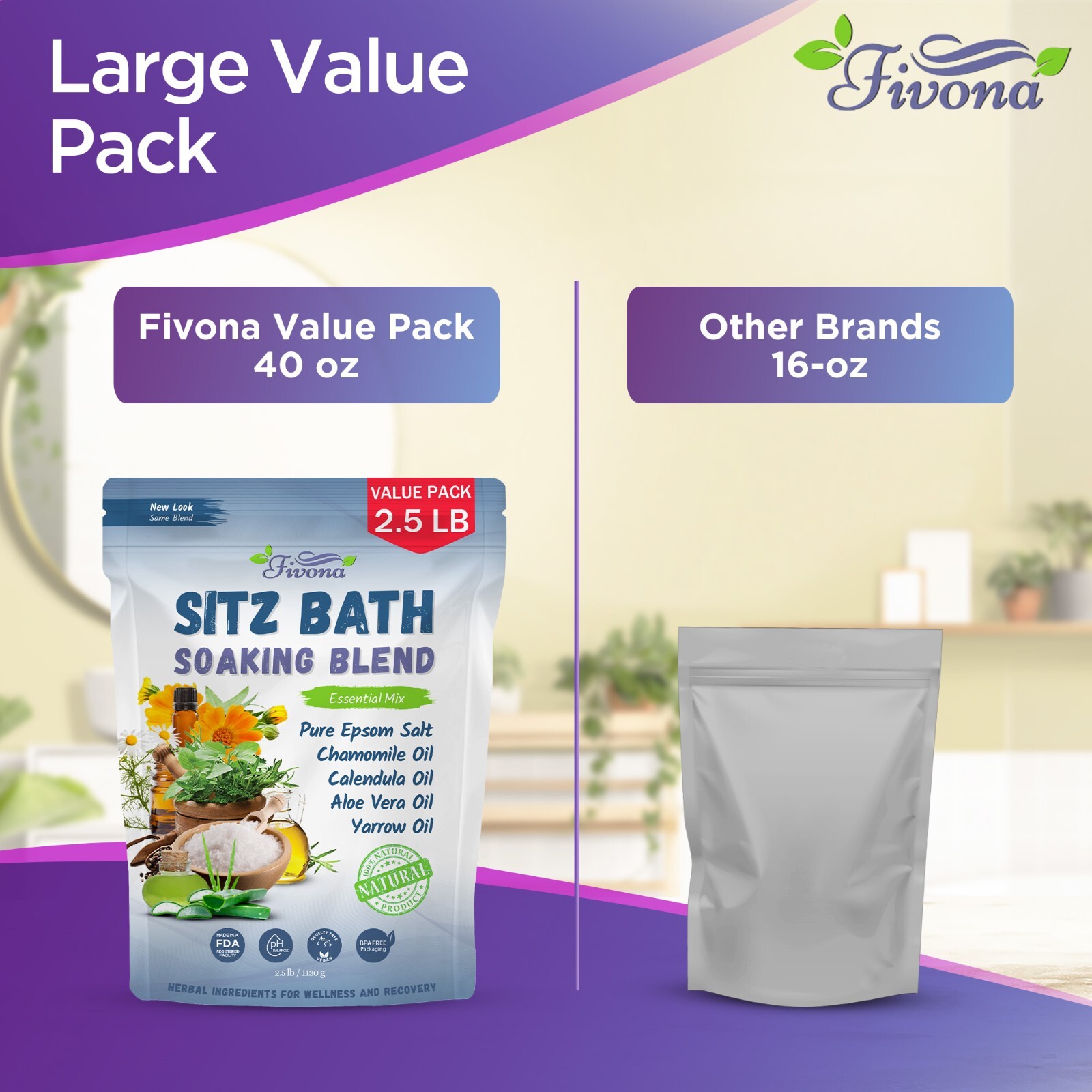 Fivona 40oz Epsom Salt Sitz Bath Soak Blend for Hemorrhoids and Postpartum Care