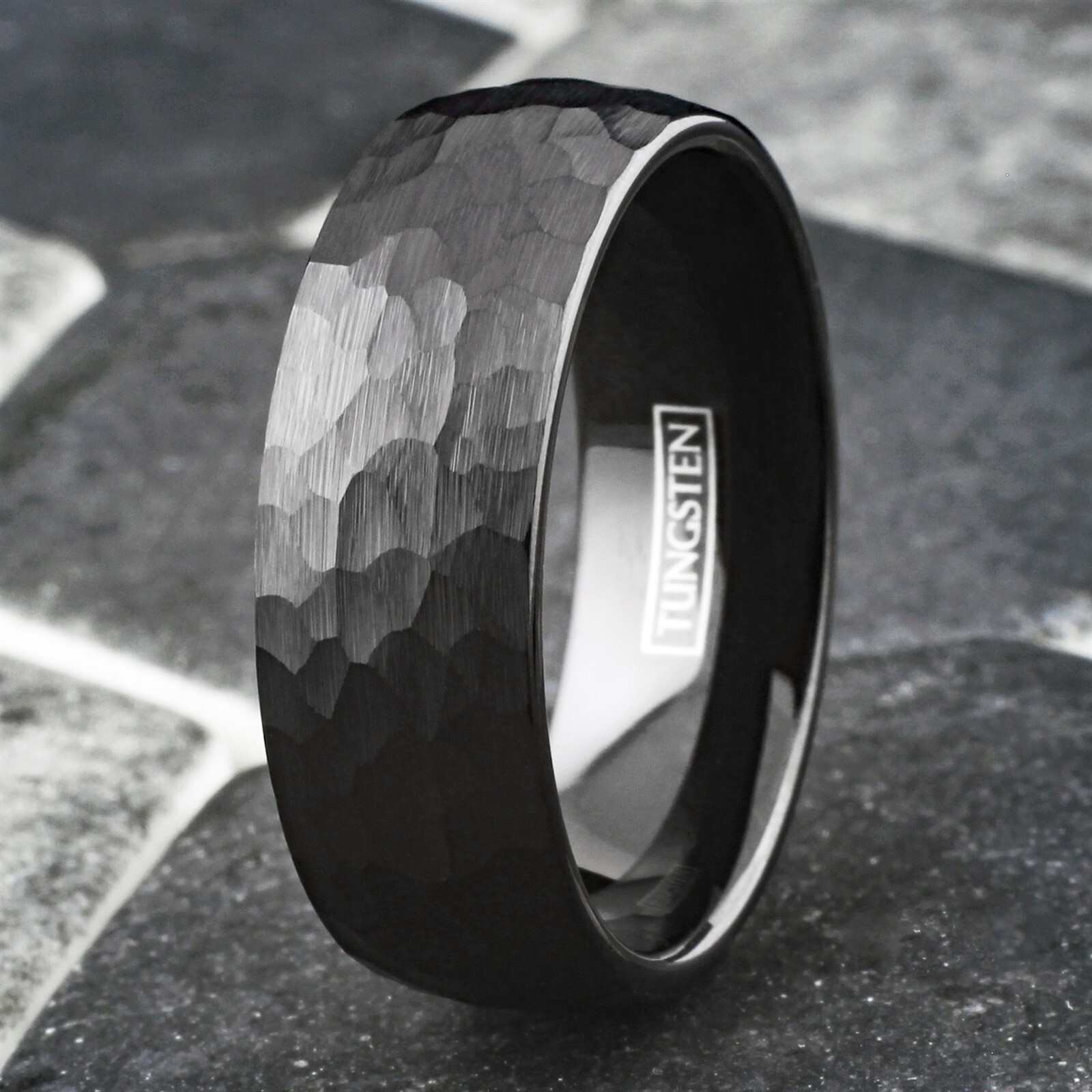 Black Tungsten Carbide Hammered Brushed Finish Men's Wedding Band Ring