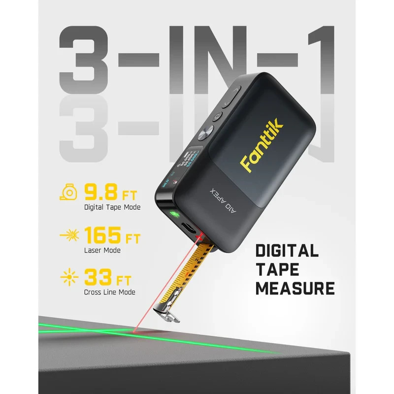 Fanttik A10 Apex 3-in-1 Digital Laser Tape Measure with HD Color Display, 165Ft