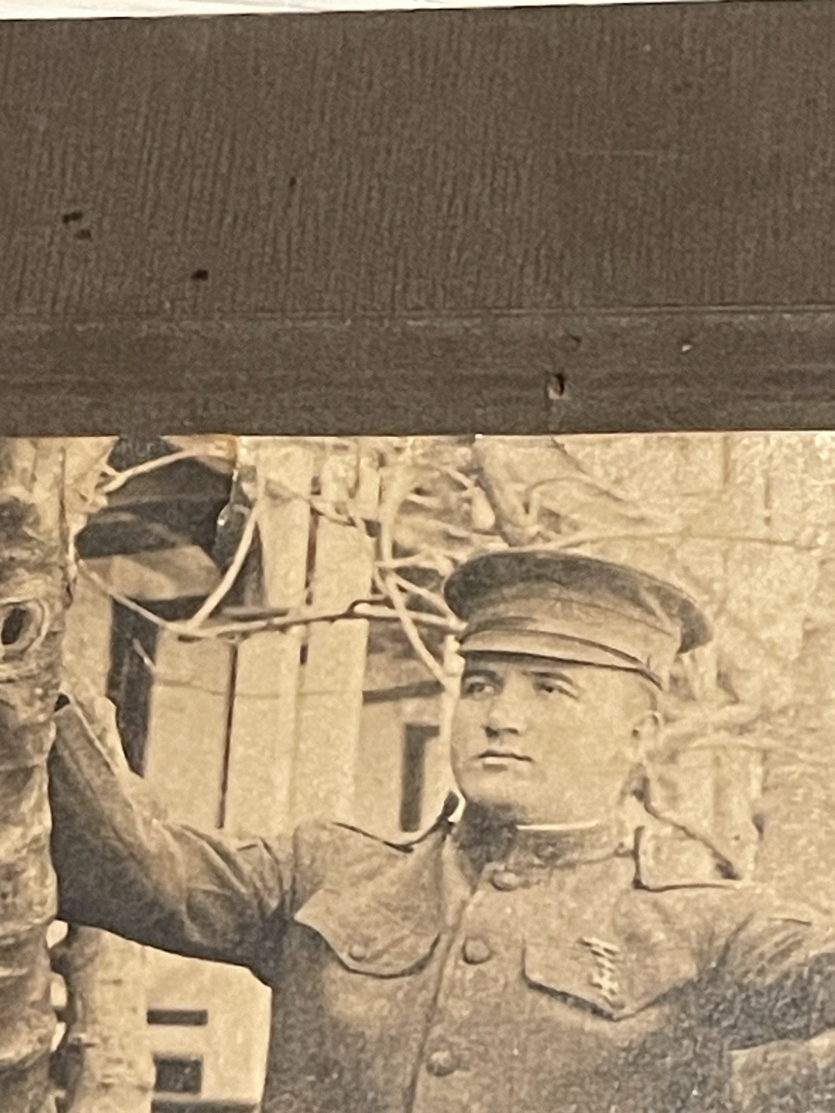 WW1 Photograph Young Military Soldier In Uniform With Medal & Hat - Sepia Color