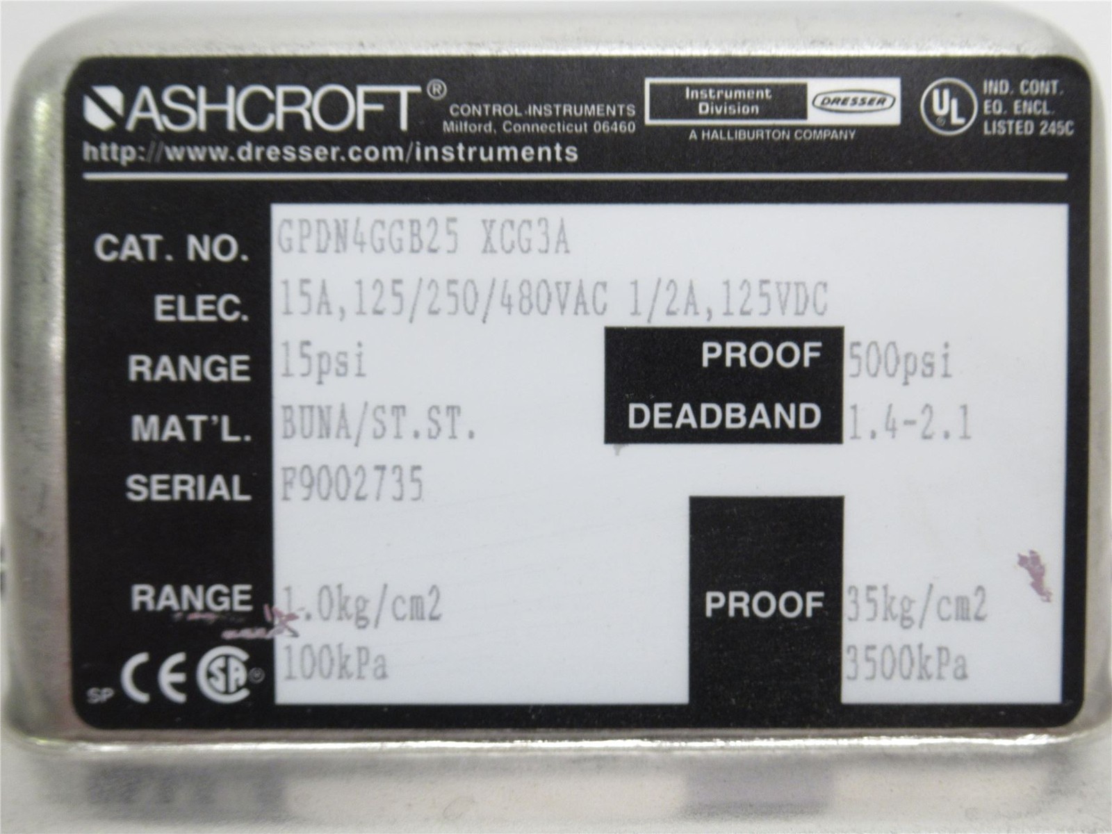 231621 New-No Box; Ashcroft GPDN4GGB25 Pressure Switch; 15PSI; 1-3/4" Clamp