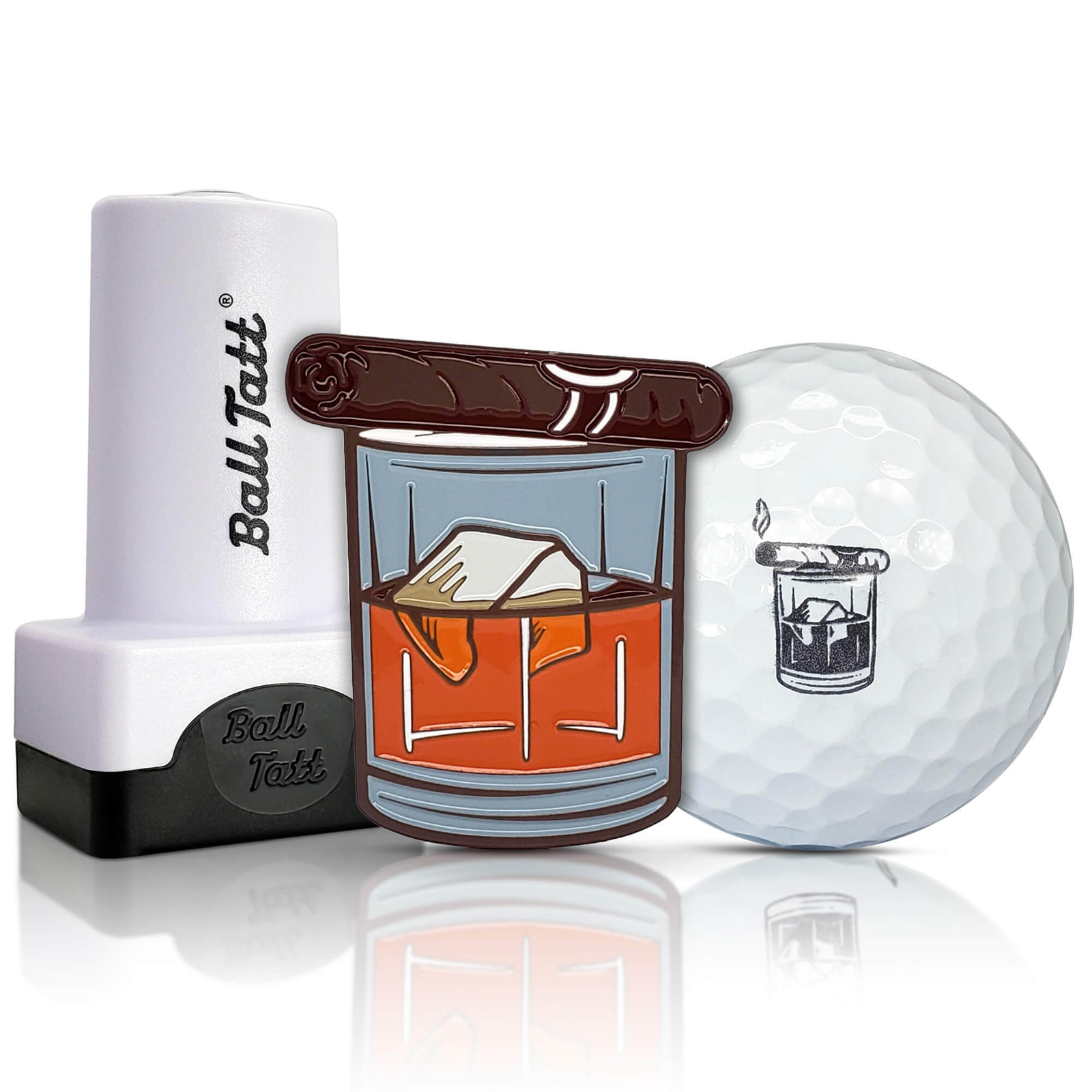 Ball Tatt - Whiskey Cigar Golf Ball Stamp Self-Inking with XL Metal Ball Marker