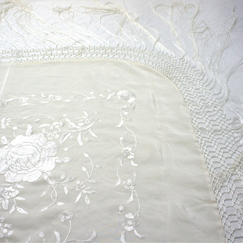 Antique Silk Shawl Wrap Piano Scarf HAND EMBROIDERED FLORAL WITH FRINGE.