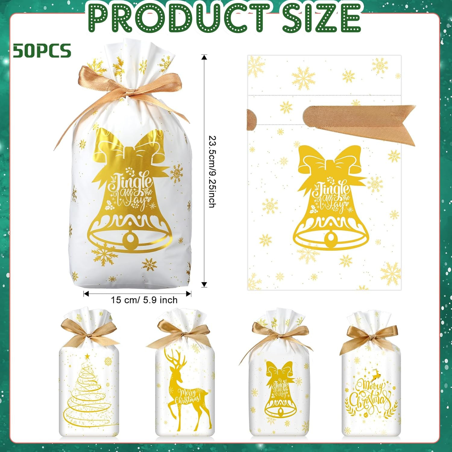 50 Pcs Christmas Drawstring Favor Bags Bulk Plastic Christmas Candy Bags Treat B