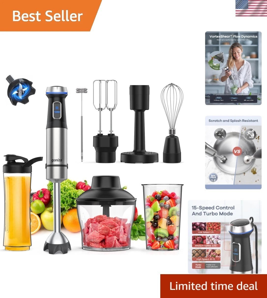 8-in-1 Immersion Blender with 1000W Motor & 16 Speed Modes for Effortless Ble...