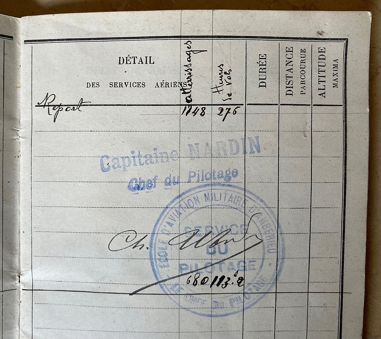 WW1 FRENCH PILOT'S FLIGHT LOG BOOK SIGNED BY (TRAINER OF GUYNEMER) CAPT. NARDIN