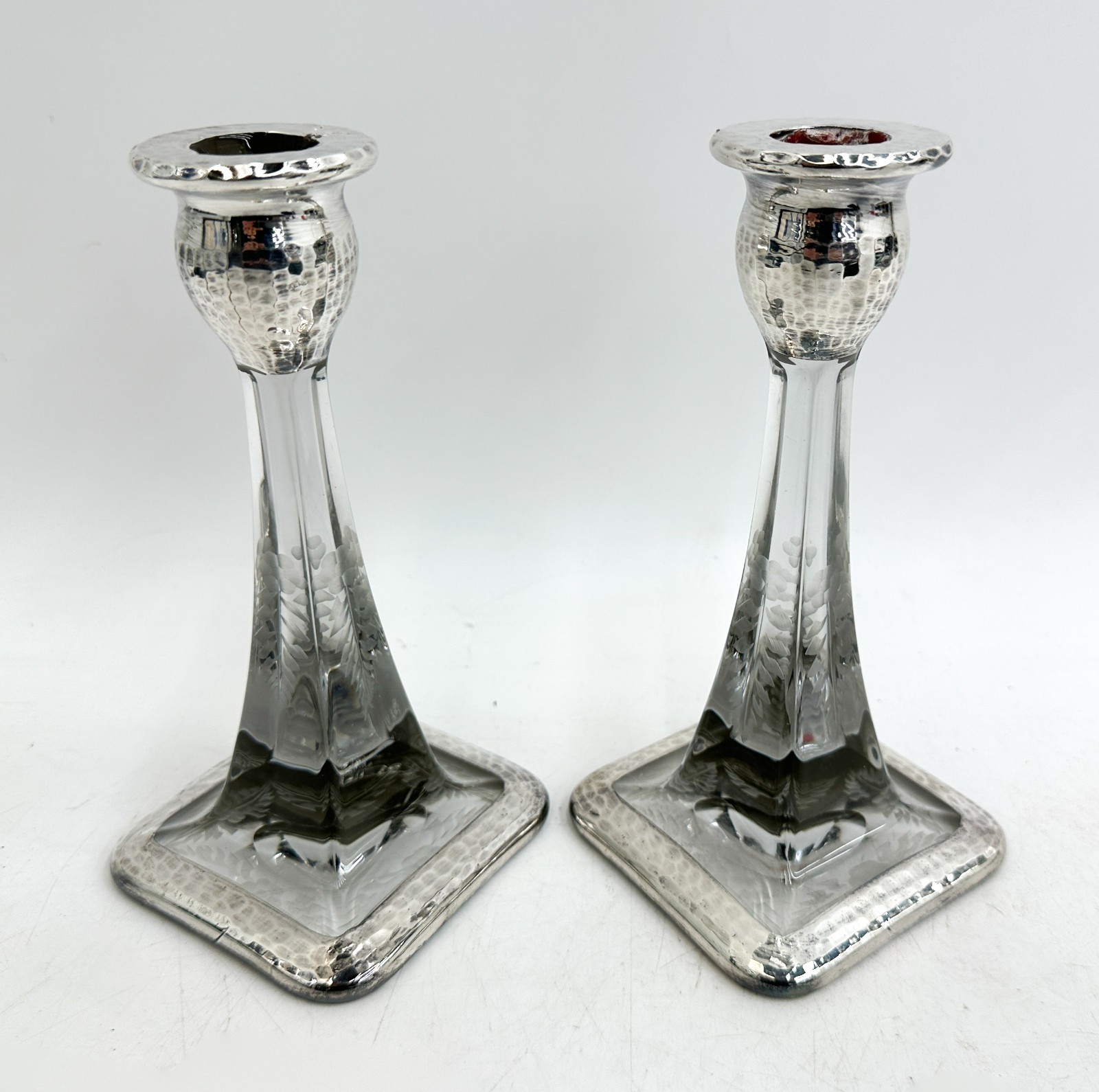 Vintage Pair Hand Hammered Sterling Silver and Cut Glass Candlestick Holders