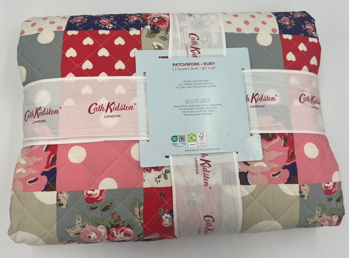 Cath Kidston Queen Quilt, Patchwork - Ruby, 100% Cotton, Polka Dot Floral, New