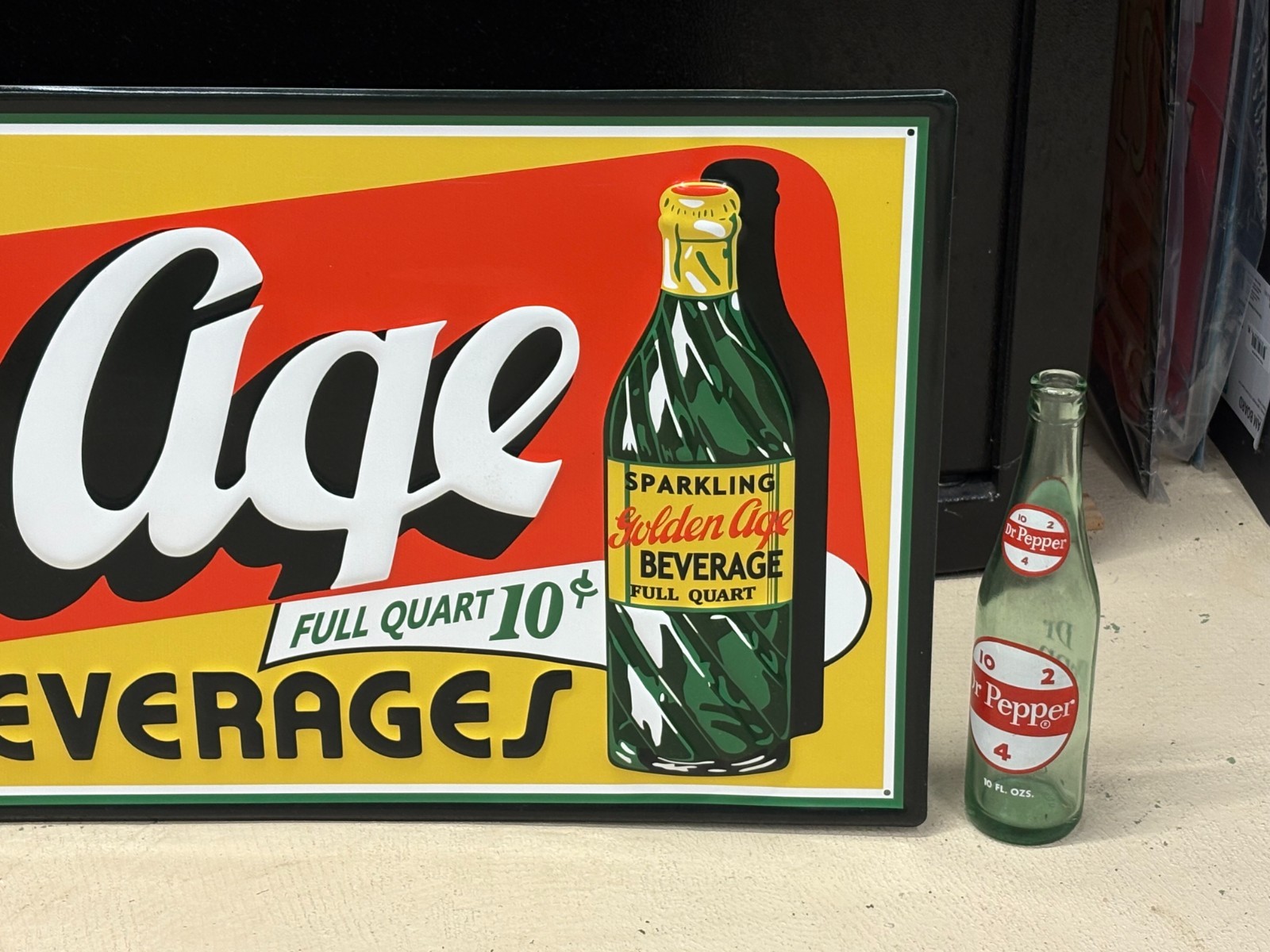 "GOLDEN AGE BEVERAGE" LARGE EMBOSSED METAL ADVERTISING SIGN (41"x 15") NICE