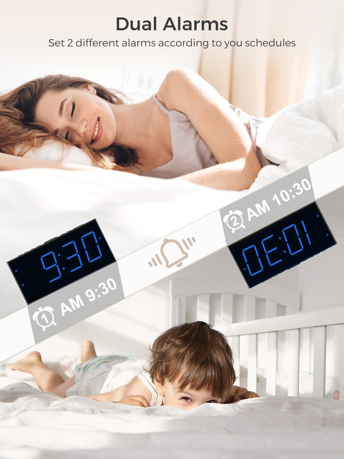 Digital Dual Alarm Clock Large Display Bedside Clock USB Phone Charger Loud LED