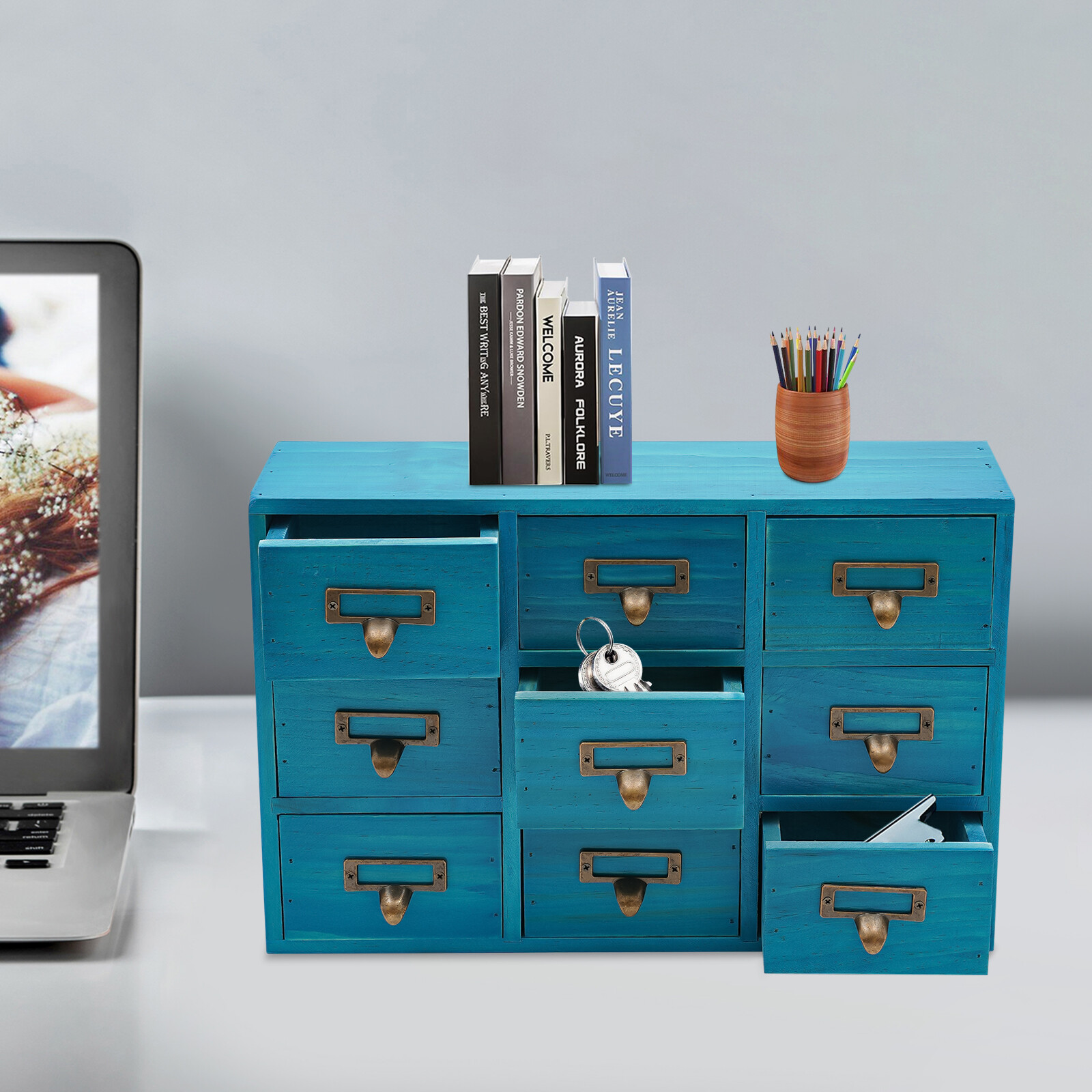 9 Drawers Apothecary Cabinet Case Wooden Desk Drawer Organizer Herb Storage Box