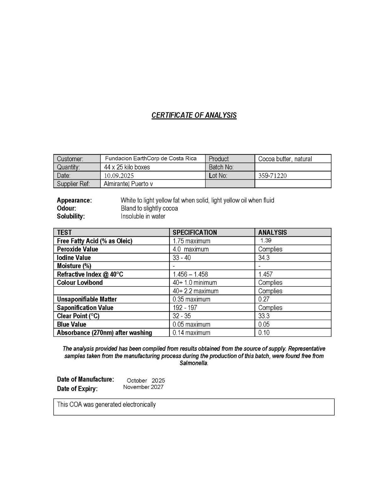 Pure & Unrefined Food grade Cocoa Butter – Bulk 55 lbs From Costa Rica