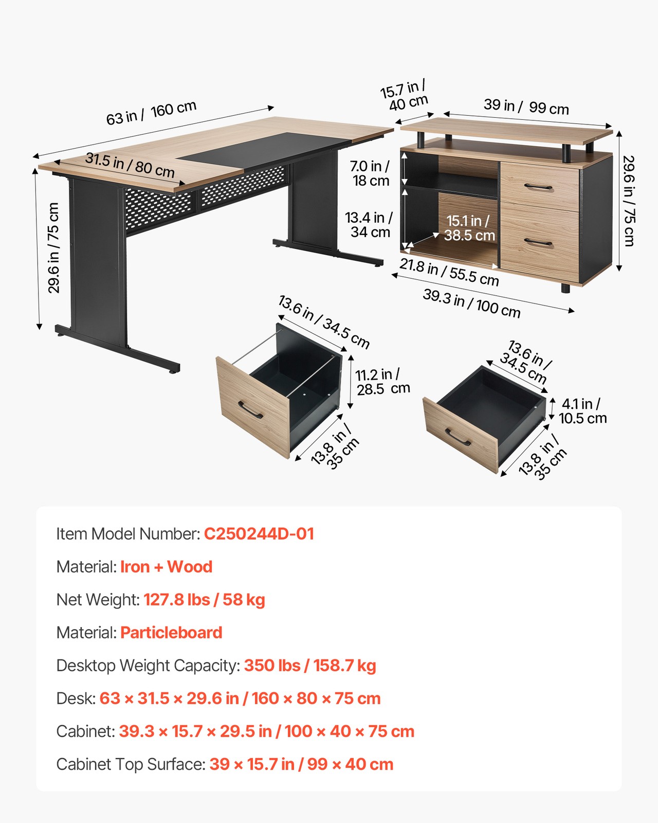 VEVOR L-Shaped Reversible Executive Desk with Drawers & Storage Cabinet 350 LBS