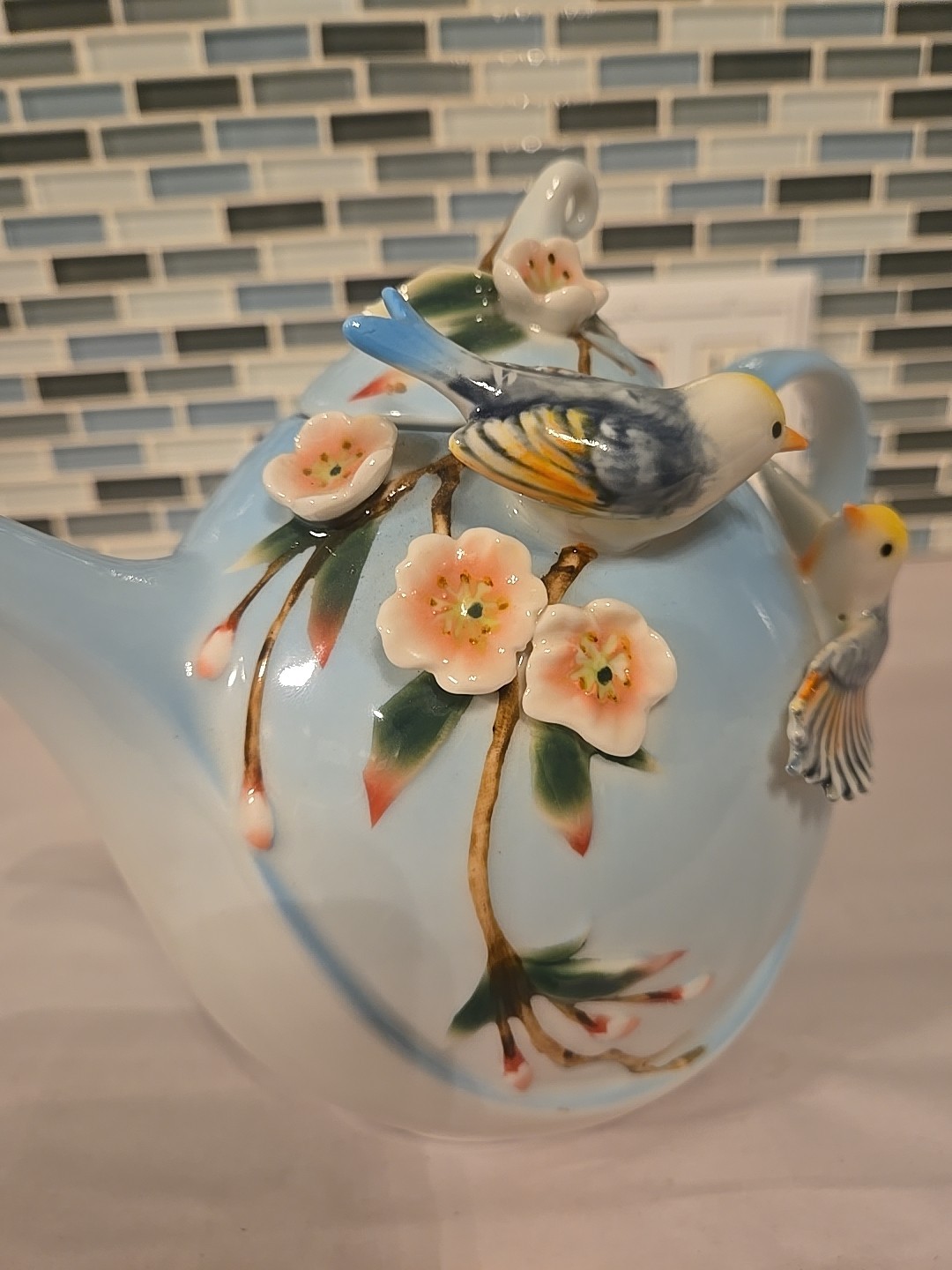 Pier 1 Imports Hand Painted Porcelain 3D Decorative Teapot Birds Flowers 7”