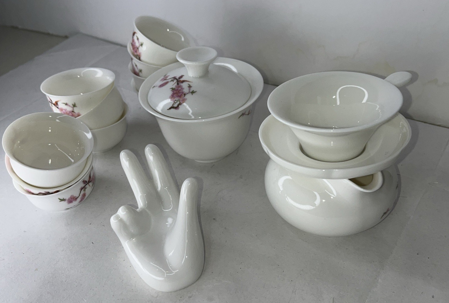 Vintage Asian Traditional Mini Bone China Tea Set White Pink Cherry Stem Bird