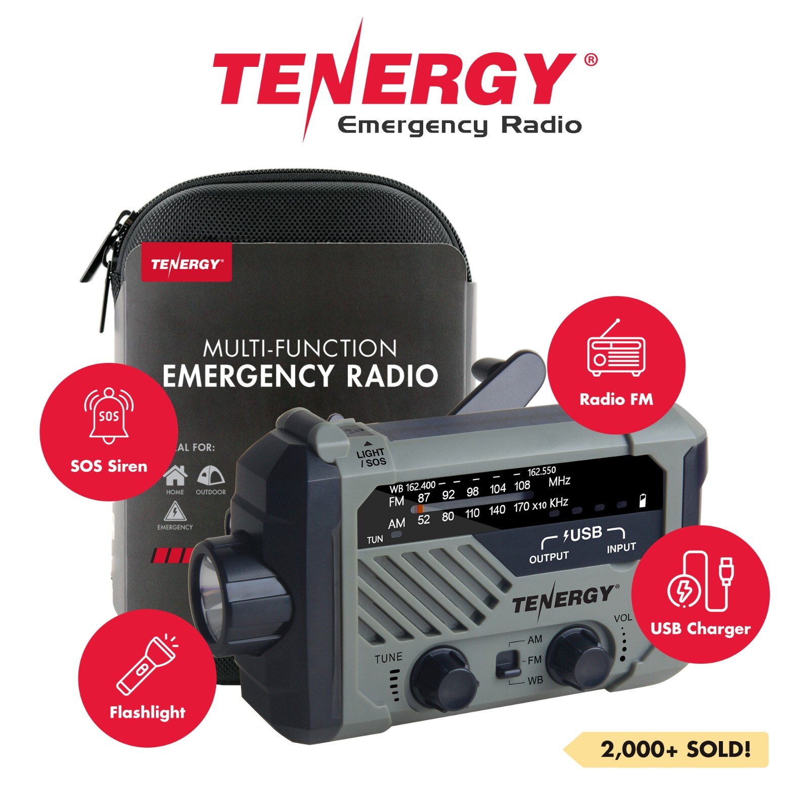 Tenergy Emergency Solar Hand Crank Weather Radio Power Bank Charger Flash Light