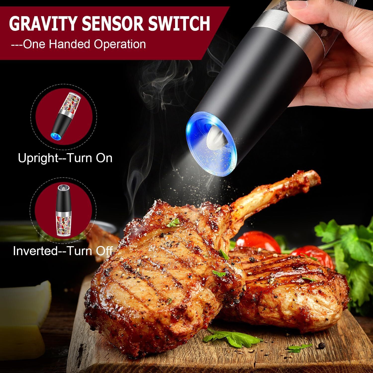 2 Pack Gravity Electric Salt and Pepper Grinder Mill Shaker Adjustable Automatic