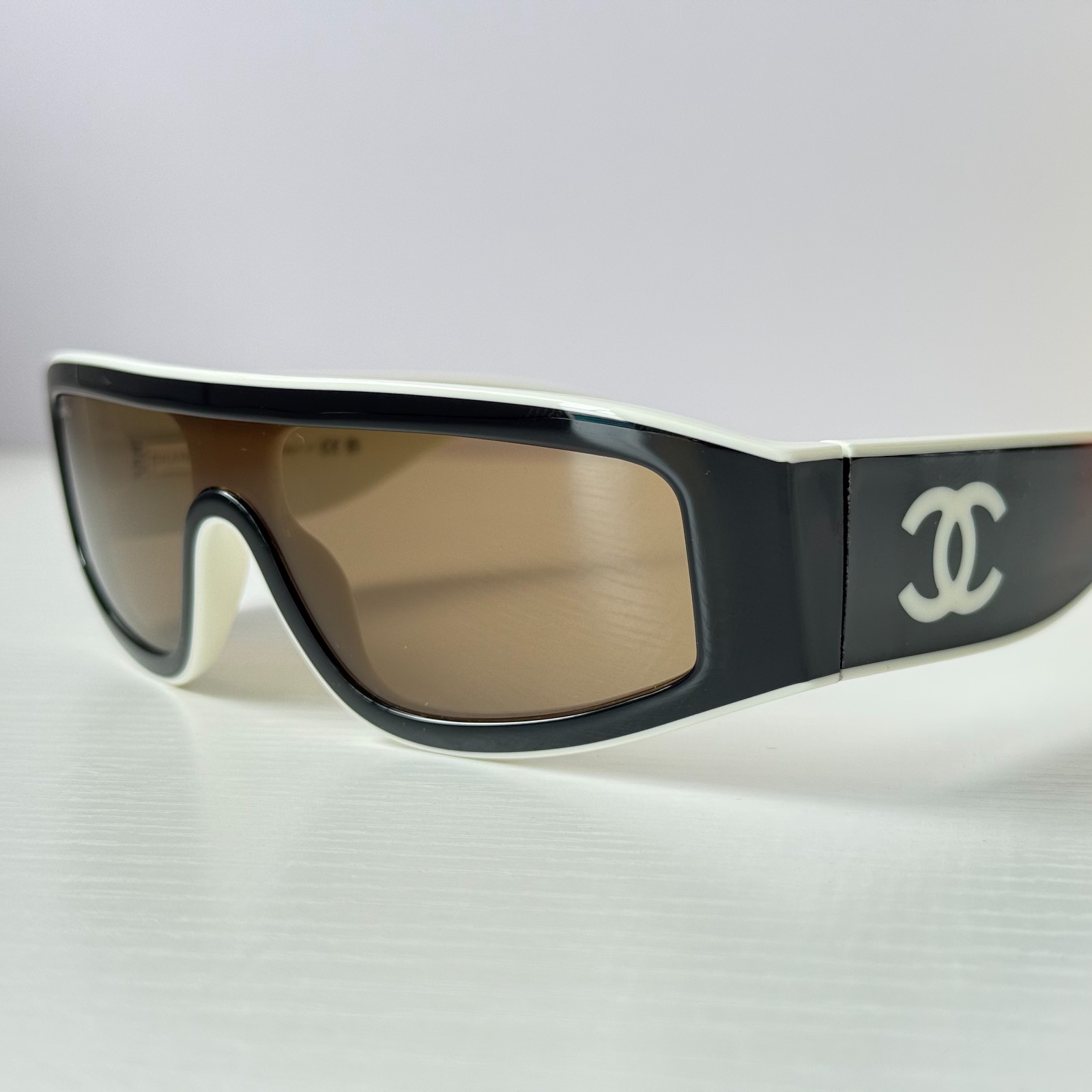 Chanel CH6057 Sunglasses Black/Beige Shield Wrap Brown Lens