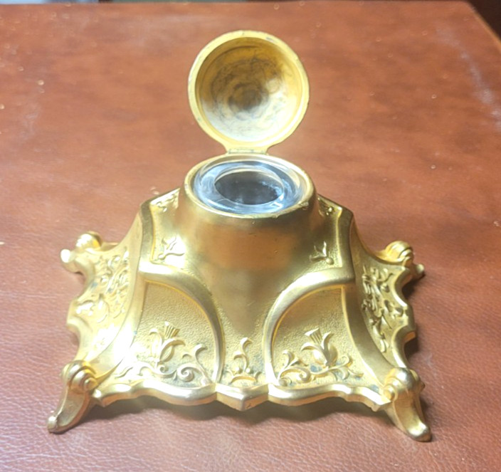 Vintage Brass S K Co. Art Nouveau Inkwell, Roller Blotter,pens - Ornate Etching
