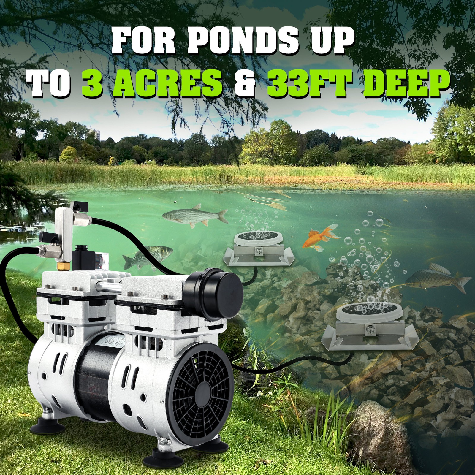 750W Pond Aerator Pond Lake Air Pump Kit with 2 Tubings & 2 Diffusers 5.35CFM