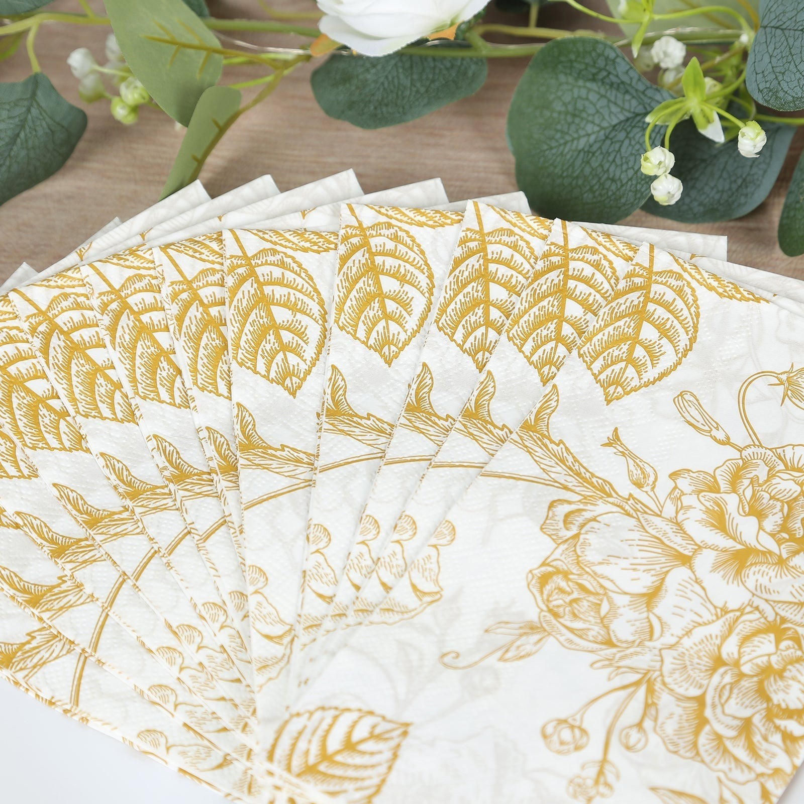50 White with Gold Paper 2-Ply Dinner Napkins in French Toile Floral Pattern