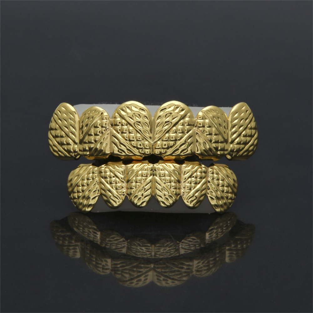 14K Gold Plated w/ Pattern Hip Hop Teeth Grillz Top & Bottom Grill Set *New*