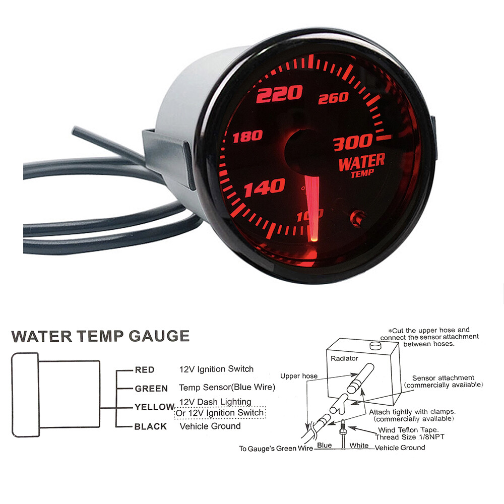 2''52mm Water Temp Gauge Meter W/ 1/8 NPT Temp Sensor 100-300℉ 7 Color LED