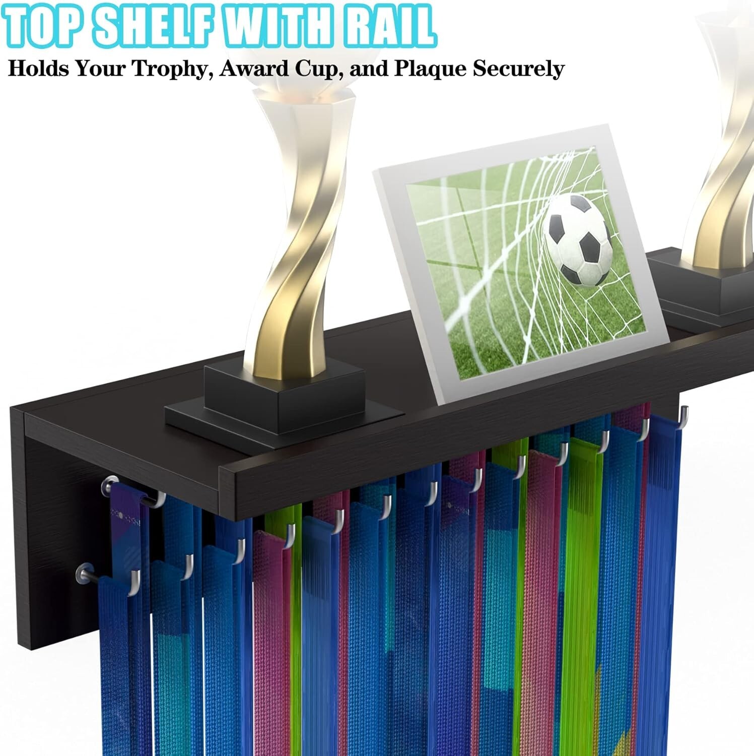 Medal Hanger Display, Non-Slip Trophy Shelf with 25 Hooks, Wall Mount Ribbon Med