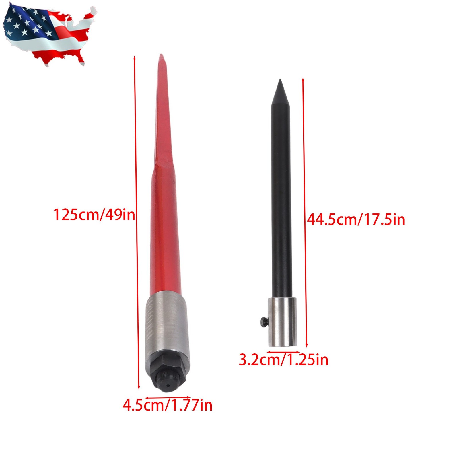 Hay Spear 49" Bale Spear 3000 lbs Bale Spike Quick Attach W/ 2 Stabilizer Spears