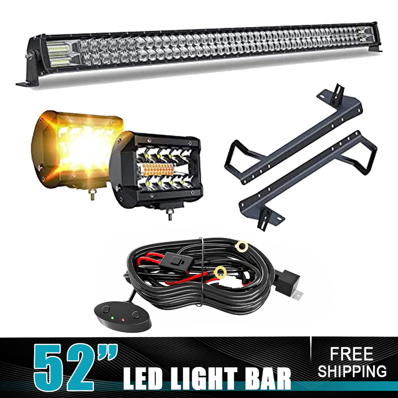 For JEEP Wrangler JK 07-18 Front Upper Roof 52" LED Light Bar Combo+4" Pods Kit