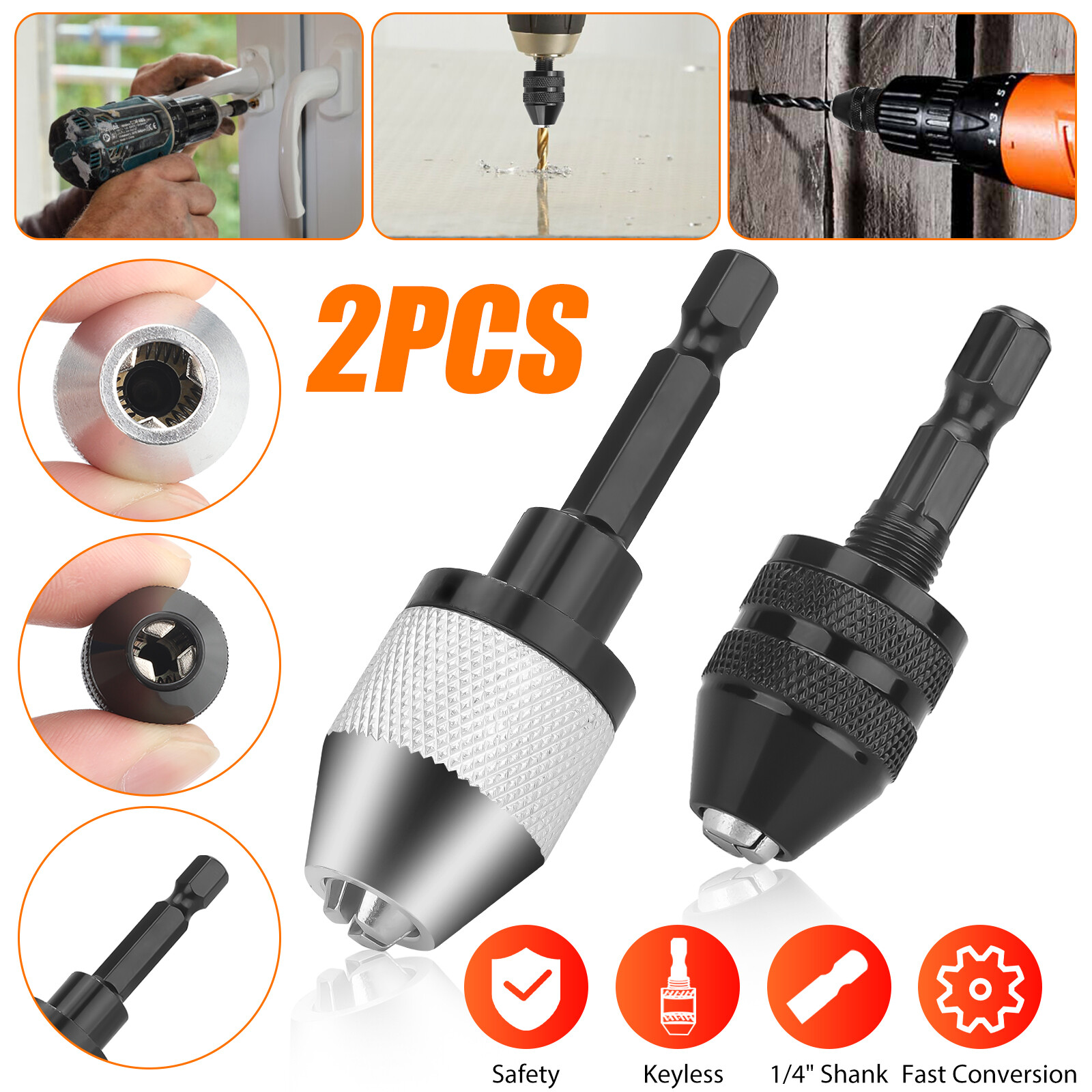 2x Keyless Chuck Conversion 1/4" Hex Shank Adapter Drill Bit Quick Change Driver